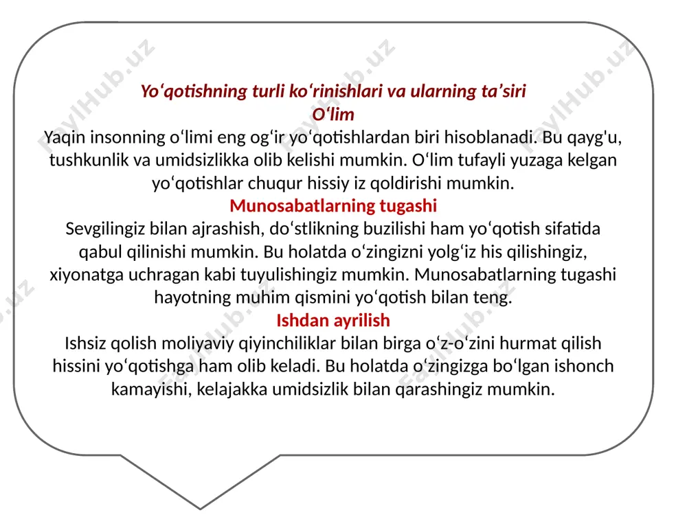 xoʻrlik qilish sog'lom ovqatlanish, yetarli uxlash va jismoniy faol boʻlish. oʻzingizga g'amxoʻrlik qilish orqali siz oʻzingizni yaxshiroq his qilasiz va qayg'u bilan kurashish osonroq boʻladi. sevimli mashg'ulotlar bilan shug'ullanish sevimli mashg'ulotlar bilan shug'ullanish orqali siz oʻzingizni chalg'itasiz va yaxshi kayfiyatga ega boʻlasiz. sog'lom ovqatlanish sog'lom ovqatlanish orqali siz tanangizni kerakli energiya bilan taʼminlaysiz va oʻzingizni yaxshiroq his qilasiz. yeterli uyqu yeterli uyqu orqali siz tanangiz va miyangizni tiklaysiz va stressni kamaytirasiz. jismoniy faollik jismoniy faollik orqali siz kayfiyatingizni yaxshilaysiz, stressni kamaytirasiz va oʻzingizni yaxshiroq his qilasiz. dam olish dam olish orqali siz miyangizni tinchlantirasiz va stressni kamaytirasiz. hayotga qaytish: yangi maʼno va maqsadlarni topish yangi qiziqishlar topish yangi qiziqishlar topish orqali siz hayotingizga yangi maʼno berasiz va oʻzingizni baxtliroq his qilasiz. ijtimoiy aloqalarni tiklash ijtimoiy aloqalarni tiklash orqali siz oʻzingizni yolgʻiz his qilmaysiz va yordam olishingiz mumkin. boshqalarga yordam berish boshqalarga yordam berish orqali siz oʻzingizni foydali his qilasiz va …