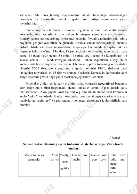 `i issiqlik elektr stansiyalari, qora metallurgiya sanoatining dastlabki-cho`yan eritish (domna pechida) bosqichini joylashtirishda asosiy rol' o`ynaydi. ammo uning ta'siri har doim ham yetakchi kuchga ega emas. issiqlik elektrostansiyalari yoki metallurgiya zavodlari iste'mol rayonlarida ham joylashtirilishi mumkin. bunday hol neft va uning mahsuloti mazut, tabiiy gaz asosida ishlovchi issiqlik elektr stansiyalarini qurishga taalluqli (yoqilg`ining quvurlarda keltirilishi iqtisodiy jihatdan ma'qulroq) bo`ladi. biroq qora metallurgiya (cho`yan erituvchi) zavodlarini joylashtirish qonuniyatlari bir xil emas. ma'lumki, qazib olinadigan temir rudasining taxminan 48-50 foizi foydali, bu degan so`z ulardan deyarli shuncha miqdorda cho`yan olinadi. ammo bu "o`rtacha" raqam hamma joyda ham bir xil emas-ayrim konlarda temirning qazib olinadigan rudadagi ulushi atigi 17-19 foizni tashkil etadi. bunday konlarga uraldagi qo`shqonor yoki qoraqalpog`iston respublikasidagi tebinbuloq konlarini misol qilib ko`rsatish mumkin. bu yerlardan qazib olinadigan rudani bevosita domna pechlarida eritib bo`lmaydi, sababi, unda kerakli mineraldan ko`ra foydasiz jinslar ko`proq. shuning uchun bu ruda dastlab boyitilishi va uning tarkibidagi foydali …
