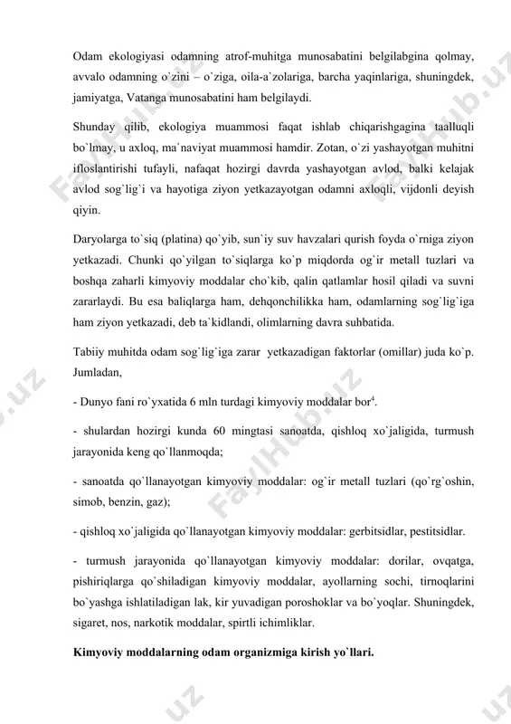 s, narkotik moddalar, spirtli ichimliklar. kimyoviy moddalarning odam organizmiga kirish yo`llari. kimyoviy moddalar odam organizmiga ovqat hazm qilish a`zolari, nafas olish, teri, shuningdek, in`yeksiya qilish orqali kiradi.organizmga kirgan moddalar qon orqali o`pka, yurak, jigar, buyrak, miya, oshqozon-ichak, endokrin, immun, jinsiy tizimlarga zaharli ta`sir ko`rsatib, kasalliklarni yuzaga kelishiga sabab bo`ladi. kimyoviy moddalarning odam organizmiga kirish yo`llari. kimyoviy moddalar odam organizmiga ovqat hazm qilish a`zolari, nafas olish, teri, shuningdek, in`yeksiya qilish orqali kiradi.organizmga kirgan moddalar qon orqali o`pka, yurak, jigar, buyrak, miya, oshqozon-ichak, endokrin, immun, jinsiy tizimlarga zaharli ta`sir ko`rsatib, kasalliklarni yuzaga kelishiga sabab bo`ladi. odam sog`lig`iga ta`sir etadigan faktorlar. jahon sog`liqni saqlash tashkiloti (воз) ning ma`lumotiga ko`ra odam sog`lig`i shartli ravishda 100 foiz deb qabul qilinadigan bo`lsa, uning: - 50 foizi - har bir odamning turmush tarziga; - 20 foizi - atrof-muhitga, ya`ni yashash, o`qish, ishlash sharoitiga; - 20 foizi – irsiyatga; - 10 foizi – tibbiy xizmatga bog`liq. shundan ko`rinib …