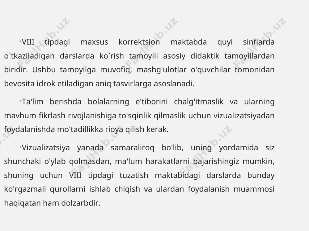 limlarni chuqur egallashga to'sqinlik qiladi, mavhum fikrlashni rivojlantirishga, umumiy va universal naqshlarning mohiyatini tushunishga to'sqinlik qiladi. bir nechta uslubiy shartlar mavjud bo'lib, ularning bajarilishi ko'rgazmali qurollardan muvaffaqiyatli foydalanishni ta'minlaydi: ko'tarish stollari, orqa yorug'lik ekranlari, belgilar va boshqalarni ishlab chiqarishda mos ranglardan foydalanish orqali erishiladigan yaxshi ko'rinish. rasmlarni ko'rsatishda asosiy narsani aniq tanlash, asosiysi, chunki ular chalg'ituvchi daqiqalarni ham o'z ichiga olishi mumkin. ko'rsatilayotgan hodisalarning mohiyatini aniqlash, shuningdek, o'rganilgan ta'lim ma'lumotlarini umumlashtirish uchun zarur bo'lgan tushuntirishlar orqali batafsil fikr yuritish. o‘quvchilarni ko‘rgazmali qurol yoki ko‘rgazmali qurilmada kerakli ma’lumotlarni topishga o‘zlari jalb qilish, ularga ko‘rgazmali xarakterdagi muammoli vazifalarni qo‘yish. vizual o'quv qo'llanmalari an'anaviy maxsus tabiiy buyumlar tasvirlar grafik ko'rinish texnik vositalarni o'rganish yuz ifodalari imo-ishoralar diksiya dramatizatsiya ifodali o'qish tilning ko'rinishi ta'lim jarayonidagi roliga ko'ra vizualizatsiya vositalari ikki guruhga bo'linadi: mavzu shaklidagi ko'rinish muhim ravshanlik rasmlar rasmlar qo'lga kiritdi filmlar volumetrik modellar tabiiy narsalar o'yinchoqlar to'ldirilgan tartiblar xachirlar tso mahsulotlari sxematik volumetrik …
