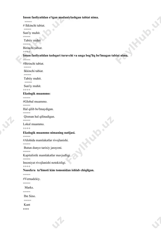 === qarama – qarshiliklarning birligi. ==== me'yor. ==== birlik. ++++ bochkada yashagan faylasuf nomi bilan mashhur bo'lgan donishmandni aniqlang. ==== #deogen ==== biant. ==== demokrit. ==== ezop. ++++ insoniyat atrof muhitning bilishi mumkin emas degan g'oyani ilgari suruvchi oqim. ==== #agnostizm ==== teizm. ==== naqshbandizm. ==== sufizm. ++++ olamni doimo harakatda va rivojlanishda deb targ'ib qiluvchi oqim. ==== # dialektika ==== metafizika. ==== ekologik oqim ==== sofistika. ++++ olamni va borliqni faqat sub'ektning ongiga bog'liq degan ta'limotni ilgari suruvchi oqim. ==== #sub'ektiv idealizm. ==== laosizm. ==== sufizm. ==== kubroviya. ++++ insonda tabiiylikni ifodalovchi tushunchalar qatorini ko'rsating. ==== #ong, axloq, madaniyat, ishlab chiqarish, nutq, munosobat, tug'ilish, bolalik, qarilik ==== tug'ilish, bolalik, qarilik. ==== ishlab chiqarish, nutq, munosobat. ==== ong, axloq, madaniyat. ++++ in'ikos nima? ==== #bu xususiyat faqat insonga хос. ==== bu xususiyat faqat tirik mavjudotlargа хосдир. ==== bu xususiyat faqat materiyaga xos. ==== bu xususiyat faqat inson va hayvonlarga xos …