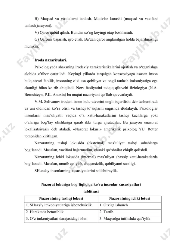 illarda tarqalgan konsepsiyaga asosan inson hulq-atvori faollik, insonning o‘zi esa qobiliyat va ongli tanlash imkoniyatiga ega ekanligi bilan ko‘rib chiqiladi. nerv faoliyatini tadqiq qiluvchi fiziologiya (n.a. bernshteyn, p.k. anoxin) bu nuqtai nazariyani qo‘llab-quvvatlaydi. v.m. selivanov irodani inson hulq-atvorini ongli bajarilishi deb tushuntiradi va uni oldindan ko‘ra olish va tashqi to‘siqlarni engishda ifodalaydi. psixologlar insonlarni mas’uliyatli vaqtda o‘z xatti-harakatlarini tashqi kuchlarga yoki o‘zlariga bog‘lay olishlariga qarab ikki turga ajratadilar. bu jarayon «nazorat lokalizatsiyasi» deb ataladi. «nazorat lokusi» amerikalik psixolog yu. rotter tomonidan kiritilgan. nazoratning tashqi lokusida (eksternal) mas’uliyat tashqi sabablarga bog‘lanadi. masalan, vazifani bajarmadim, chunki qo‘shnilar chiqib qolishdi. nazoratning ichki lokusida (internal) mas’uliyat shaxsiy xatti-harakatlarda bog‘lanadi. masalan, unutib qo‘yish, diqqatsizlik, qobiliyatni sustligi. shunday insonlarning xususiyatlarini solishtiraylik. nazorat lokusiga bog‘liqligiga ko‘ra insonlar xususiyatlari tablitsasi nazoratning tashqi lokusi nazoratning ichki lotusi 1. shaxsiy imkoniyatlariga ishonchsizlik 1. o‘ziga ishonch 2. harakatda betartiblik 2. tartib 3. o‘z imkoniyatlari darajasidagi ishni keyinga qoldirish 3. maqsadga intilishda …