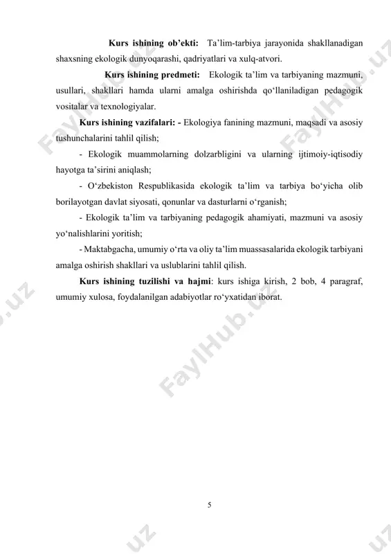 an bosqichmabosqich tatbiq qilish va shu asosda ekologik ta’limning yangi bosqichga ko’tarish; ta’lim dasturlarini mavjud ekologik muammolar va ularni bartaraf etish vazifalaridan kelib chiqib takomillashtirish; qarorda ekologik muammolar global ahamiyatga ega ekanligi inobatga olinib atrof muhit muhofazasi, ekologik madaniyat ekologik ta’lim tarbiya, ekologik ma’rifat masalalariga alohida e’tibor berilgan. ta’lim tizimining barcha bosqichlarida ekologik ong, ekologik tarbiya, ekologik madaniyat, global ekologik muammolarni bartaraf etish, tabiiy muhitni qayta tiklash uchun umummilliy tadbirlar o’tkazish ko’zda tutilgan. maktabgacha ta’lim tashkilotlari va umumiy o’rta ta’lim maktablari, o’rta maxsus, professional ta’lim tizimi, oliy ta’lim tizimi, oliy ta’limdan keyingi ta’lim tizimi, kadrlar tayyorlash va malakasini oshirish bosqichlarida ekologik ta’lim tizimini takomillashtirish, maktabdan tashqari ta’lim tizimida ekologik ta’limni takomillashtirish tizimli ko’zda tutilgan. mazkur ekologik ta’limni rivojlantirish konsepsiyadan kutilayotgan natijalar; ekologik ta’lim tarbiya jarayonini tizimli tashkil etish ,yoshlar orasida ekologik bilim va madaniyatni targ’ib qilish, ekologiya soxasini ilg’or innovatsion texnologiyalarni jalb etgan holda yanada takomillashtirish, yoshlarni .ona tabiatni sevish …