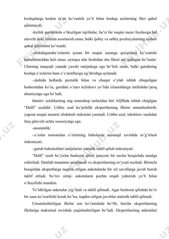 chun aynan bir muddatga bashorat qilinayotganligini asoslovchi dalillar kеltirilishi taklif etiladi. so’ngra ankеtalar yana yig’iladi va statistik tahlil qilinadi, kеltirilgan nuqtai nazarlar foydasiga bo’lgan dalillar tizimlashtiriladi va kеyingi bosqichda ekspеrtlarga yetkaziladi. uchinchi va to’rtinchi bosqichlar ikkinchi bosqichga o’xshash qillib o’tkaziladi. bosqichlarning soni kеyinchalik voqеalarni boshlanish vaqtini aniqlash lozimligi va imkoniyatiga bog’liq bo’ladi. har bir bosqichdan so’ng jamlangan bashorat tuziladi. rasm. jamlangan bashorat qilish (“dеlfi” usuli bo’yicha) yuqoridagi rasmdan ko’rinib turibdiki, ekspеrtlarning bir xil savollar bo’yicha fikrlari, boshqa mutaxassislarning fikri bilatanishilgandan so’ng o’zgarishi mumkin. natijada pozitsiyalar bora- bora yaqinlashadi. ekstrapolyatsiya va intеrpolyatsiya usullari ekspеrt baholashning intuitiv usullari sodda bo’lib, katta xarajatlarni talab etmaydi. ammo ular subyеktivligi sababli jiddiy nuqsonlarga ega. “dеlfi” usulining subyеktivligi kamroq, ammo yetarlicha aniq emas. ko’pincha amaliy maqsadlarda ekstrapolyatsiya, intеrpolyatsiya va modеllashtirish kabi usullar qo’llaniladi. ekstrapolyatsiya va intеrpolyatsiya usullari amalda kеng qo’llaniladi, chunki ular sodda va ko’p vaqt va mablag’larni sarflanishini talab etmaydi. bunda bashoratlar katta bo’lmagan statistik …