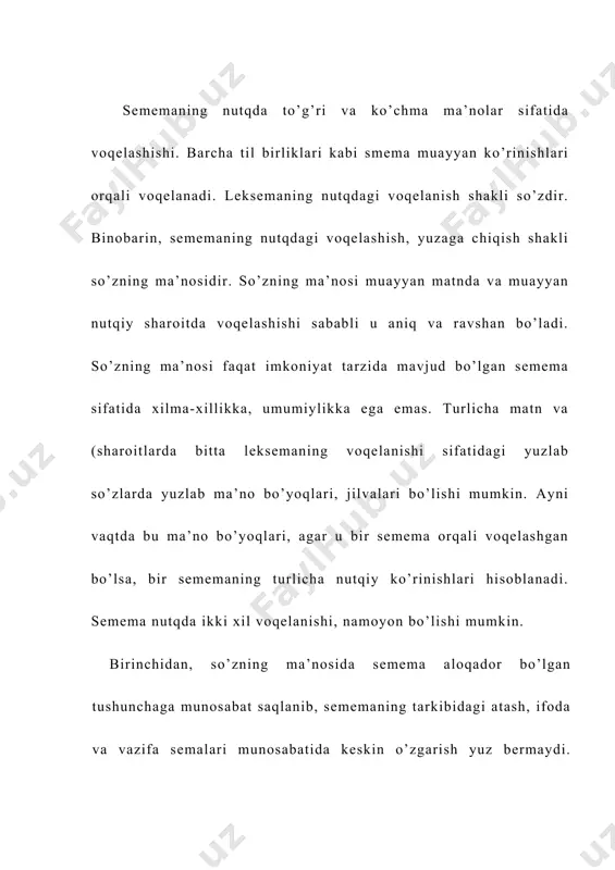 lib, «qonxo’r», «rahmsiz», «beshafqat», «manfaatparast» kabi yo’ldosh semalar kuchaytirilgan. shuningdek, «hayvon» semasini «shaxs» semasi bilan almashtirish natijasida ifoda semalari kuchaytirilgan. nutq sharoitida atash semalarini qisman chetlashtirib, yo’ldosh va ifo​da semalarini kuchaytirish sememaning vazifa sema​larini, jumladan, leksemaning me’yoran oddiy qo’shnichilik munosabatlarini kengaytirish tufayli yuz beradi. chunonchi, (temir qoshiq) va (temir iroda) kabi ko’rib o’tilgan so’z birikmalaridagi [temir] leksema sememasining voqelanishini ko’rib o’tamiz. leksemalar orasidagi me’yoriy bog’lanishda (qo’shnichilik munosabatlarida) o’zaro bog’lanadigan ikki sememada o’xshash semalar bo’lishi shart. masalan, [temir] leksema sememasi tarkibida «modda», «qattiq modda», «metall» kabi atash semalari mavjud. [qoshiq] lek​sema sememasida esa «qattiq moddadan qilingan» sema bor. bu leksema sememalari orasidagi o’xshash sema​lar ikkita: «qattiq» va «modda». demak, ushbu leksemalar nutqda bemalol, me’yoriy, oddiy, qo’shnichilik munosabatlariga kirisha oladi. bu jarayonda lekse​ma sememalari to’g’ri voqelanadi. (temir iroda) birikmasida esa zid, ya’ni o’xshash bo’lmagan semali sememalar o’zaro birikkan. bu holda «iroda» mavhum tushuncha sifatida voqelashadi. birikma leksema sememalari orasidagi nomuvofiqlik, qarama-qarshilik [temir] …