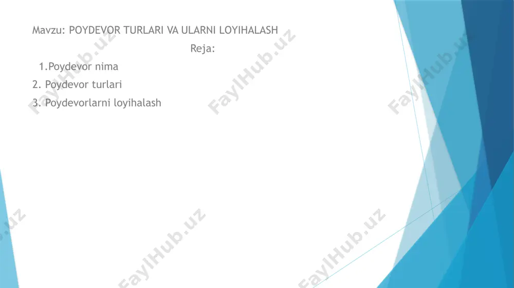 orlarni ko'p yuk ko'tarish qobiliyatiga ega bo'lgan zaminlarda yoki poydevorga uncha og'ir bo'lmagan yuk ta’sir etganda qo'llash maqsadga muvofiq. bun­ day poydevorlar balandligi bo'yicha ko'pincha zina shaklida loyihalashtiriladi yig‘ma poydevorlar. qurilishda yig'ma buyumlarni ishlatish yildan-yilga ko'payib bormoqda. hozirgi vaqtda temir-beton korxonalari turli xil poydevor bloldarini ishlab chiqarmoqda, ular esa qurilishda juda qo’l kelmoqda. bunday yig‘ma poydevor bloklarini ishlatish asosan binokorlik ishlarini tezlatishga va turli moslamalardan unumli foydalanishga olib keladi. bunda poydevor yig'ish tannarxi 15-20%, mehnat xarajati esa 3—4 martadan ortiq kamayishiga erishiladi. poydevorlarni loyihalash qurilish maydonida geodezik ishlar. poydevorlami loyihalash uchun odatda qurilish va uning atrofidagi maydonlarning yer ustki sathi va uning ko'rinishi tasvirlangan 1:500 va 1:2000 masshtabdagi chizmasi kerak bo'ladi. qurilish maydonining yershunoslikka oid tasviri. qurilish maydonining ershunoslik tasviri quyidagi maqsadni ko'zlab olib boriladi: — poydevorlarning chuqurligini belgilash; — inshoot zaminining yuk ko'tarish qobiliyatini aniqlash; — poydevorlarning qulay konstmksiyasini tanlash; — poydevorlar o'rnatishda ilg'or qurilish ishlarini olib borish; — …