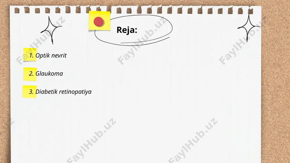 omirlariga zarar yetkazadi. ushbu kasallik ko'pincha ko'rishga ta'sir etadi va agar oldi olinmasa, ko'rlikka olib kelishi mumkin. diabetik retinopatiya dunyo bo'ylab ko'rish qobiliyatining yo'qolishiga olib keladigan yetakchi sabablardan biridir. diabetik retinopatiya bilan og'rigan ko'plab bemorlar dastlab hech qanday alomatlarni sezmaydilar. odatda, bu kasallik uzoq yillar davomida qandli diabet nazorat qilinmaganda rivojlanadi. hisoblarga ko'ra, dunyoda 415 million odam qandli diabet bilan kasallangan va ularning 35% diabetik retinopatiyaga chalinish xavfida. mutaxassislar tomonidan muntazam ravishda ko'z tekshiruvlari o'tkazish tavsiya etiladi. bu kasallikning erta bosqichlarida aniqlanishi va davolanishi mumkin. ... t.me/slaydai_bot 4. makula degeneratsiyasi makula degeneratsiyasi ko'z kasalligi bo'lib, markaziy ko'rishga ta'sir qiladi. bu kasallik 60 yoshdan oshgan odamlarda tez-tez uchraydi va ko'rish qobiliyatining pasayishiga olib keladi. makula ko'zning orqa qismidagi to'r pardasining markaziy qismidir, bu esa to'g'ridan-to'g'ri ko'rishni boshqaradi. makula degeneratsiyasining nam va quruq turlari mavjud. quruq shakl umumiy hisobda ko'proq kuzatiladi va asta-sekin rivojlanadi. nam shakl esa ko'z ichida yangi qon tomirlar …