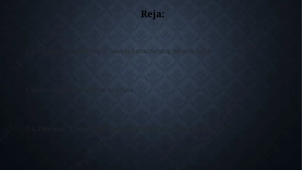 rat "rahbari najot"da yo'ldan ozganlarning 2 ta asosiy guruhga bo'linishi, 1-guruhi – shaxsiy manfaatlarga berilib ketganlar, 2-guruhi – jaholatga berilib ketganlar haqida batafsil bayon qilinadi. fitrat, yo'ldan ozganlarning 7 ta turini sanab o'tib, ularning har birining adashish sabablarini va oqibatlarini tahlil qiladi. ushbu toifaga kiruvchi 3 ta xarakterli xususiyat: diniy bilimsizlik, axloqiy buzuqlik va ijtimoiy mas'uliyatsizlik aniq ko'rsatiladi. a. fitratning "rahbari najot" asarida baxtsizlarning ikki toifasi fitrat "rahbari najot"da hayotda 2 ta asosiy baxtsizlik toifasini – ma'naviy va moddiy jihatdan nochorlarni ta'riflaydi, bu ikki guruhning 7 ta umumiy xususiyatini sanab o'tadi. asarda, 3 ta asosiy sabab – jaholat, dangasalik va yomon xulq-atvorlar baxtsizlikka olib kelishi ta'kidlanadi, bu omillar insonning ijtimoiy hayotdagi mavqeiga ham ta'sir qilishiga ishora qilinadi. fitrat, baxtsizlikka uchragan 2 toifani farqlashda, ularning dunyoqarashi, amal va harakatlaridagi farqlarga, ya'ni 5 ta muhim jihatga urg'u beradi. najot yo'lida to'siqlar kitobda kamida 10 ga yaqin turli xil to'siqlar sanab o'tiladi, ularning …