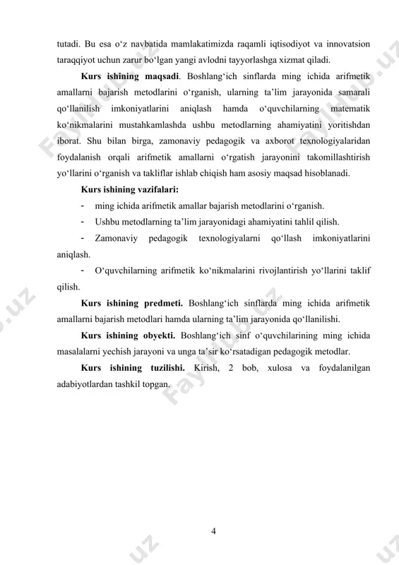 ni ongli ravishda tushunishga harakat qiladi. keyingi bosqichda esa murakkabroq amallar, masalan, ko‘paytirish va bo‘lish amallarini o‘rgatish boshlanadi. bu jarayonda ham o‘quvchilarga amallarni tushunarli qilish uchun oddiy misollar keltiriladi. masalan, “agar har bir sumkada 4 ta olma bo‘lsa va 3 ta sumka bo‘lsa, jami necha olma bor?” kabi masalalar ko‘paytirish amalini o‘rgatishda qo‘llaniladi. bu yondashuv bosqichma-bosqich o‘rganish tamoyiliga asoslanadi va o‘quvchilarning bilimini mustahkamlashga xizmat qiladi. shuningdek, masalalar yechish metodi ham arifmetik amallarni o‘rgatishda keng qo‘llaniladi. bu metodda o‘quvchilarga faqatgina matematik formulalar va qoidalar emas, balki amallarni real hayotiy vaziyatlarda qanday qo‘llashni o‘rgatiladi. misol uchun, o‘quvchilarga pul hisoblash, mahsulotlar sonini aniqlash, vaqt va masofa masalalarini yechish kabi vazifalar beriladi. bu usul orqali o‘quvchilar nafaqat amallarni bajarishni o‘rganadi, balki ularni hayotda qo‘llashni ham tushunadi. masalan, “do‘konda 8 dona kitob bor edi. sotuvchidan yana 5 dona kitob keldi. do‘konda jami nechta kitob bo‘ldi?” kabi savollar o‘quvchilarning mantiqiy fikrlashini rivojlantiradi va arifmetik amallarni hayot …