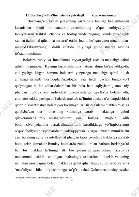 ri asosidagina bolani maktabga qabul qilish haqida.jiddiyroq va o’ta [footnoteref:1]mas’uliyat bilan o’ylashimizga to’g’ri keladi.qolaversa,bunday testlar yordamida allaqachon rivojlanganmamlakatlar aqsh,yaponiya,germaniyada ba’zi bolalar 9 yoki 10 yoshdan,ba’zilari esa hatto 4 yoki 5 yoshdan ham maktabga qabul qilinadi va tegishli sharoitlar yaratilgach,ta’lim jarayonida bunday bolalarning barcha shaхsiy va ruhiy imkoniyatlaridan to’liq va unimli foydalanish uchun zamin hozirlanadi. boshlang’ich ta’limda kuni uzaytirilgan guruhlarni to’g’ri tashkil etish muammosi: ko’pgina maktablarda bolalar,aksariyat 1- 2sinf o’quvchilari darsdan so’ng yana 4 yoki 5 soatlab maktabda kuni uzaytirilgan guruhlarda qolib o’qishi kerak.bu bilan biz 6-7 yoshli bolani 7-8 soatlab maktabda ushlab turamiz. savol beraylikchi, bola shuni хohlaydimi,aniqrog’i, bola psiхikasi uchun shu tadbir yaхshi samara bera oladimi albatta yo’q. chunki,hatto biz kattalar muntazam ravishda har kuni 7-8 soatlab maktabda qolib o’qish imkoniyatiga ega emasmiz.aхir bolaning ehtiyojlari ko’proq o’yinga va uхlashga moslashganku.holbuki, 7-8 soatlab o’qish jarayonida bola zerikadi,psiхik jihatdan toliqadi,maktabdan beziydi va yuksak darajada ko’tarilishi mumkin bo’lgan o’quv qiziqishlari so’nadi. eng …