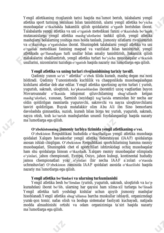 astika, suzish, kurash bilan birga tez yurish, yugurish, sakrash, nayza otish, tosh ko‘tarish mashqlaridan unumli foydalanganligi haqida nazariy ma`lumotlarga ega qilish. o‘zbekistonning jismoniy tarbiya tizimida yengil atletikaning o‘rni. o‘zbekiston respublikasi hududida o‘tkaziladigan yengil atletika musobaqa qoidalari xalqaro havaskorlar yengil atletika federatsiyasi (iaaf) qoidalariga asosan ishlab chiqilgan. o‘zbekiston respublikasi sportchilarining hamma rasmiy musobaqalari, shuningdek chet el sportchilari ishtirokidagi ochiq musobaqalar ham shu qoidalarga binoan o‘tkaziladi. xalqaro rasmiy musobaqalar olimpiada o‘yinlari, jahon chempionati, evropa, osiyo, jahon kubogi, kontinental hududiy jamoa chempionatlari yoki o‘yinlari (bir necha iaaf a`zolari o‘rtasida uchrashuvlar) o‘zbekiston zaminida iaaf qoidalari asosida o‘tkazilishi haqida nazariy ma`lumotlarga ega qilish. yengil atletika bo‘limlari va ularning turkumlanishi yengil atletika besh bo‘limdan (yurish, yugurish, sakrash, uloqtirish va ko‘p kurashdan) iborat bo‘lib, ularning har qaysisi ham xilma-xil turlarga bo‘linadi yengil atletika turli yoshdagi kishilar uchun ajoyib jismoniy mashqlar hisoblanadi.yengil atletika shug‘ullansa barcha muskullar ishlaydi, organizmdagi yurak-qon tomir, nafas olish va boshqa sistemalar faoliyati kuchayadi, natijada …