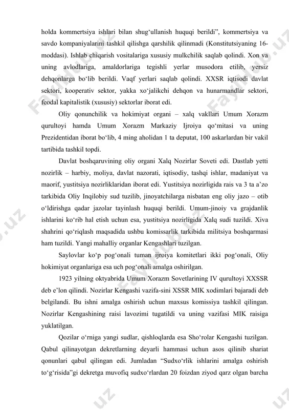 odimlari bajaradi deb belgilandi. bu ishni amalga oshirish uchun maxsus komissiya tashkil qilingan. nozirlar kengashining raisi lavozimi tugatildi va uning vazifasi mik raisiga yuklatilgan. qozilar o‘rniga yangi sudlar, qishloqlarda esa sho‘rolar kengashi tuzilgan. qabul qilinayotgan dekretlarning deyarli hammasi uchun asos qilinib shariat qonunlari qabul qilingan edi. jumladan “sudxo‘rlik ishlarini amalga oshirish to‘g‘risida”gi dekretga muvofiq sudxo‘rlardan 20 foizdan ziyod qarz olgan barcha qarzdorlarning qarzi bekor qilindi. berilgan kreditning 10 % dan ortiq olgan sudxo‘rlar bir yildan besh yilgacha qamalish belgilanadi. s’ezd qabul qilgan qonunlardan biri “vaqf yerlari haqidagi qonun” bo‘lib, u machit va madrasalar, diniy tashkilotlarga tegishli bracha mulklar davlat mulki deb e’lon qilindi. hosilning 10/1 qismi davlat solig‘i sifati to‘lanishi belgilan. mehnatkashlarning mavjud huquq va erkinliklari kengaytirildi, xususiy mulk bekor bo‘lgan, mulkdorlarni, ruhoniylarni, aksilinqilobiy kuchlarning saylov huquqlari bekor qilingan. 1920 yilning sentyabrida buxoroda to‘ntarish natijasida amir hokimiyati ag‘darib tashlangan. shu yilning 6 oktyabrida buxoroda umumbuxoro xalq vakillari birinchi qurultoyi ish …