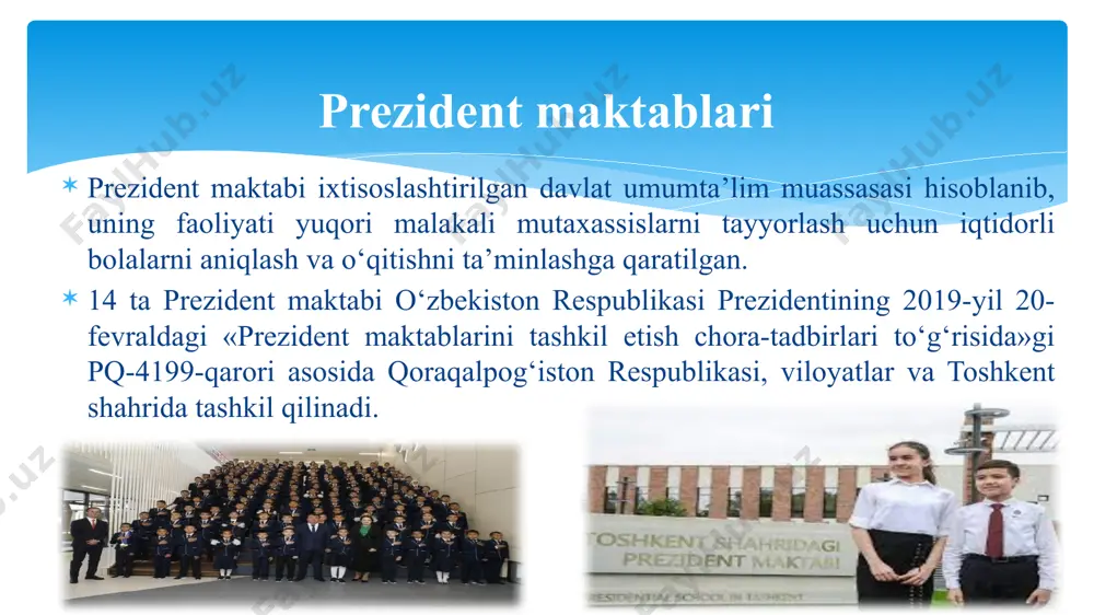 n oʻqitishning fanlararo yondashuvini joriy qilish va keyinchalik ijobiy tajribani respublika xalq taʼlimi tizimiga tatbiq etish; prezident maktabi faoliyatining asosiy vazifalari va ustuvor yo‘nalishlari: o`quvchilarni kasb-hunarga yoʻnaltirish, ularda yetakchilik koʻnikmalari va notiqlik sanʼatini rivojlantirish, tanqidiy fikrlash, axborotni izlash, tahlil qilish va qayta ishlash, olingan bilimlarni amaliyotda qoʻllash boʻyicha malakasini oshirish; o`quvchilarning umumtaʼlim fanlari boʻyicha xalqaro olimpiadalar, tanlovlar va musobaqalarda munosib ishtirokini taʼminlash; o`quvchilarda vatanparvarlik va vatanga muhabbat tuygʻusini, bagʻrikenglik, qonunlar, milliy va umuminsoniy qadriyatlarga hurmat hissini, hayotga qatʼiy ishonch va qarashlarni shakllantirish; o`quv dasturlarining uzluksizligini taʼminlash masalalarida xuddi shu yoʻnalishdagi milliy va xorijiy umumiy oʻrta va oliy taʼlim muassasalari bilan hamkorlikni yoʻlga qoʻyish, bitiruvchilarning ilgʻor xorijiy oliy oʻquv yurtlarida va ularning respublikamizdagi filiallarida oʻqishini davom ettirish. prezident maktabi faoliyatining asosiy vazifalari va ustuvor yo‘nalishlari: 6 yangi metodika va yondashuvlar prezident maktablarining tajribasiga asoslanadi prezident maktablari butun xalq ta’limi tizimi uchun lokomotiv rolini bajaradi 2019 2020 2021 2025 2030 4 5 …