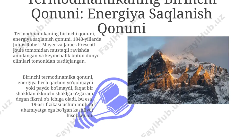 lanayotgan mamlakatlarda 10 million uy-joyni issiqlik energiyasi bilan ta'minlashning yangi usullarini o'rganish muhim ahamiyat kasb etadi. kelajakdagi tadqiqotlar energiya samaradorligini 30% ga oshirishga qaratilishi kerak, ayniqsa, 2023-yildan keyin qurilgan toshkentdagi binolarda. termodinamik muvozanat muvozanat holatida, tizimning entropiyasi maksimal qiymatga, ya'ni 100 j/k ga yetadi va bu tashqi dunyo bilan issiqlik almashinuvi yo'qligida kuzatiladi. termodinamik muvozanat, 3 ta parametr: harorat, bosim va konsentratsiyaning vaqt o'tishi bilan o'zgarmasligini bildiradi, masalan, samarqanddagi suv havzasidagi suvda. absolut nolinchi temperatura absolut nol temperatura, −273,15 °c ga teng boʻlib, klassik termodinamika qonunlariga koʻra, moddaning minimal energiya holatini ifodalaydi va bu temperaturada zarrachalarning harakati deyarli toʻxtaydi. absolut nol temperatura tushunchasi, kvant mexanikasi bilan bogʻliq boʻlib, 0 kelvin (yoki −273,15 °c) da ham, atomlar va molekulalar minimal tebranish harakatiga ega boʻlishlari mumkinligini bildiradi. entropiya tushunchasi 01 02 энтропиянинг ўсиши табиатдаги ўз-ўзидан юзага келадиган жараёнларнинг йўналишини белгилайди, масалан, 25°c даги сувнинг музга айланиши мумкин эмас. sales 1st qtr 2nd …