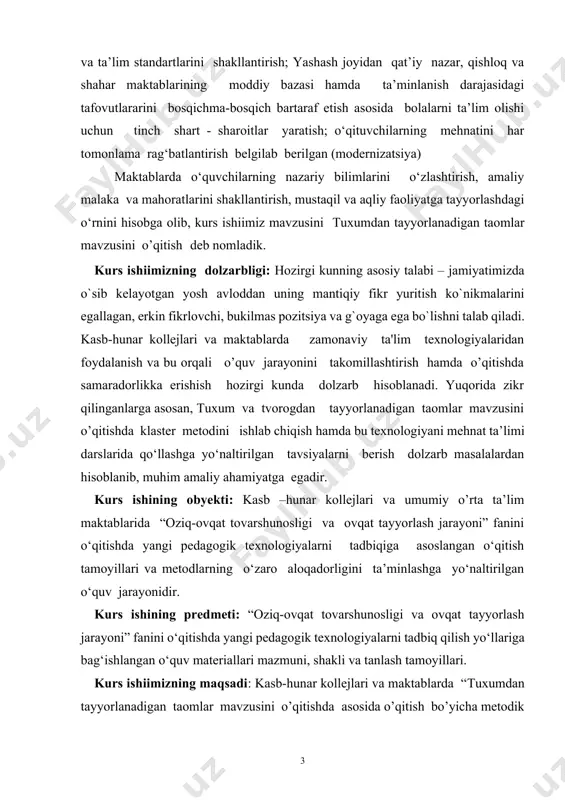 amaliy ahamiyatga egadir. kurs ishining obyekti: kasb –hunar kollejlari va umumiy o’rta ta’lim maktablarida “oziq-ovqat tovarshunosligi va ovqat tayyorlash jarayoni” fanini o‘qitishda yangi pedagogik texnologiyalarni tadbiqiga asoslangan o‘qitish tamoyillari va metodlarning o‘zaro aloqadorligini ta’minlashga yo‘naltirilgan o‘quv jarayonidir. kurs ishining predmeti: “oziq-ovqat tovarshunosligi va ovqat tayyorlash jarayoni” fanini o‘qitishda yangi pedagogik texnologiyalarni tadbiq qilish yo‘llariga bag‘ishlangan o‘quv materiallari mazmuni, shakli va tanlash tamoyillari. kurs ishiimizning maqsadi: kasb-hunar kollеjlari va maktablarda “tuxumdan tayyorlanadigan taomlar mavzusini o’qitishda asosida o’qitish bo’yicha metodik tavsiyalar ishlab chiqishdan iborat bo’ lib, bu maqsadga erishish uchun qo’yidagi vazifalarni amalga oshiriladi: - tuxum xaqida ma’lumotlar to’plash; - tuxumdan v tayyorlanadigan sovuq va issiq taomlar haqida ma’lumotlarni aniqlash; - tuxum taomlari sifatiga qo’yiladigan talab va ularni saqlash muddatlarini taxlil qilish; - tuxumdan taomlar tayyorlashni o'rgatish metodikasini taxlil qilish; - « klaster » metodi haqida ma’lumotlar to’plash; - tuxumdan tayyorlanadigan taomlar mavzusini o’qitishda « klaster » mеtodini qo’llash bo’yicha metodik tavsiyalar …