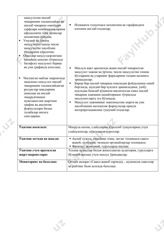 фарқларини талқин қилишга эришадилар; 1. бирор бир ишлаб чиқариш омилидан фойдаланиш ошиб борганда, шундай бир нуқтага эришиладики, ушбу нуқтадан бошлаб қўшимча ишлатилган омил ишлаб чиқариш хажмини камайтириши тўғрисида маълумотларга эга бўлинади. 1. маҳсулот хажмининг максималлик шарти ва уни ҳисоблашни математик формулалар орқали интерпретациясини тушуниб етадилар. ўқитиш воситаси: маъруза матни, слайдларни кўрсатиб тушунтириш учун слайдскоплар, кўргазмали қуроллар. ўқитиш методи ва шакли: 1. ақлий хужум, намойиш этиш, зигзаг техникаси савол-жавоб, мунозара, чизмали органайзерлар техникаси; 1. фронтал, жамоавий, гуруҳларда ишлаш. ўқитиш учун яратилган шарт-шароитлари: техник қуроллар билан жиҳозланган аудитория, гуруҳларга бўлиниб ишлаш учун махсус ўриндиқлар. мониторинг ва бахолаш: оғзаки назорат (савол-жавоб тарзида), , муаммоли саволлар ва рейтинг бали асосида бахолаш. “ишлаб чиқариш назарияси” мавзуида тайёрланган маърузанинг технологик картаси босқичлар ўқитувчи фаолиятининг мазмуни талаба фаолиятининг мазмуни тайёргарлик босқичи реферат мавзуларининг рўйхатини аниқлайди (1-илова). мавзуларни докладчилар томонидан танлаб олинишини, ҳамда ҳар бир докладчига тақризчи тайинланишини ташкил қилади. докладчиларга мавзуси бўйича режа тузиш вазифасини беради. ҳамма …