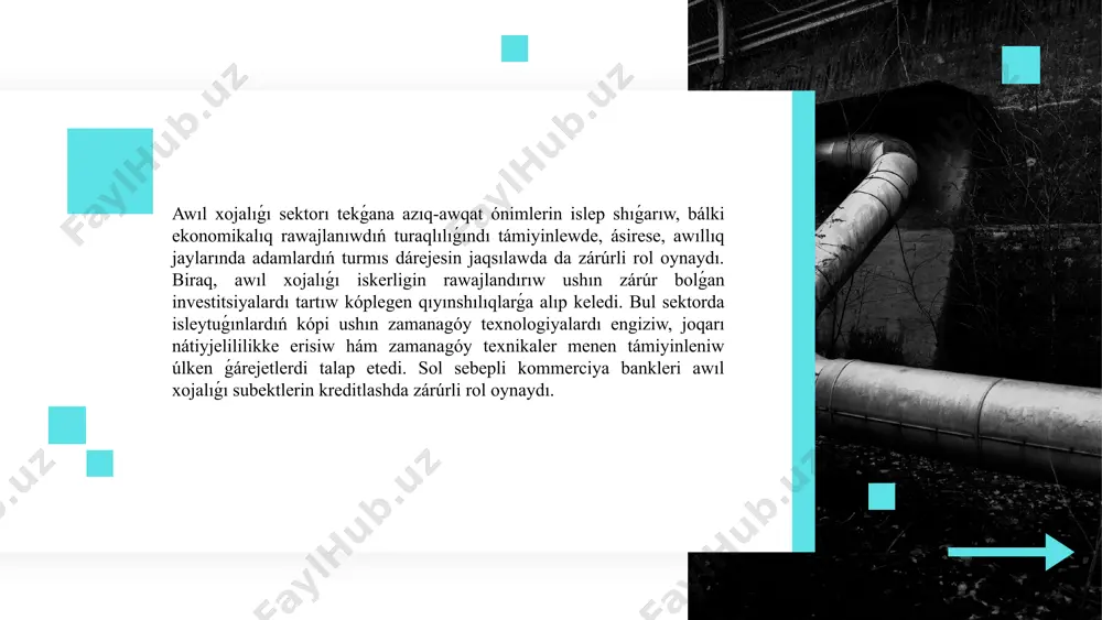 ları, fermerler hám basqa awıl xojalıǵı subektleriniń mútajliklerin inabatqa alıwları zárúr. awıl xojalıǵı subektlerin kreditlashni rawajlandırıw ushın tómendegi usınıslar ámeldegi: 1.awıl xojalıǵı subektlerin finanslıq tálim menen támiyinlew: fermerler hám awıl xojalıǵı subektleriniń finanslıq bilimlerin asırıw, bankler menen islewde kerekli bilimlerge ıyelewleri ushın oqıw kursları hám seminarlar shólkemlestiriw zárúr. bul arqalı olar kredit alıw procesin jaqsılaw túsinediler hám kreditni qaytarıw boyınsha óz minnetlemelerin nátiyjeli orınlaw múmkinshiligine iye boladılar. 2.awıl xojalıǵı ushın arnawlı kredit túrleri:kommerciya bankleri awıl xojalıǵı subektleri ushın arnawlı kredit túrlerin islep shıǵıwı kerek. mısalı, uzın múddetli kreditler, eginlerdi suwǵarıw ushın finanslıq resurslar, texnika hám úskenelerdi satıp alıw ushın ajratılatuǵın kreditler. bul kreditorlarning jeke mútajliklerine maslasqan hám olardıń iskerligin nátiyjeli etiwge baǵdarlanǵan bolıwı zárúr. 3.kommerciya bankleriniń qáwipti basqarıw sistemasın jetilistiriw: bankler tárepinen awıl xojalıǵı subektlerin kreditlashda júzege keletuǵın risklardı basqarıw sistemasın jetilistiriw kerek. bul arqalı fermerler hám basqa subyektlar menen bolǵan baylanıslar natiyjelilew hám qawipsiz boladı.risklardı basqarıw ushın bankler awıl …