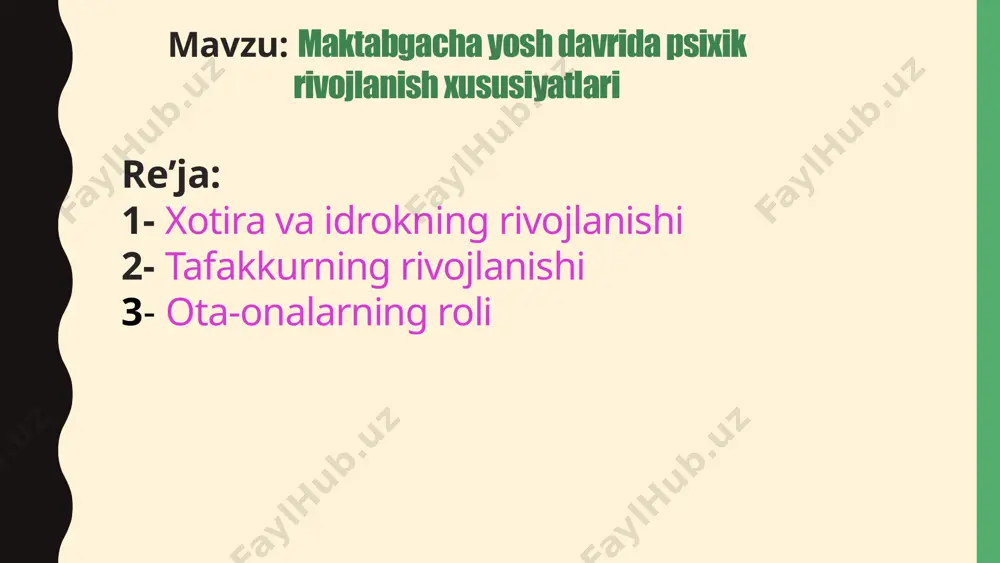 yyorgarlik maktabgacha ta'lim bolalarni maktabda bilim olishga tayyorlaydi. bolalar o'qish, yozish va hisoblash asoslarini o'rganadilar. 2 ijtimoiy ko'nikmalarni rivojlantirish maktabgacha ta'lim bolalarga ijtimoiy ko'nikmalarni rivojlantirishga yordam beradi. bolalar boshqa bolalar bilan munosabat o'rnatishni, hamkorlik qilishni va nizolarni hal qilishni o'rganadilar. 3 shaxsiyatni rivojlantirish maktabgacha ta'lim bolalarning shaxsiyatini rivojlantirishga yordam beradi. bolalar o'zlariga ishonishni, mustaqil bo'lishni va ijodiy fikrlashni o'rganadilar. 11 ota-onalarning roli qo'llab-quvvatlash ota-onalar bolalarni qo'llab-quvvatlashlari, ularga g'amxo'rlik qilishlari va ularning qiziqishlarini rag'batlantirishlari kerak. o'rnak bo'lish ota-onalar bolalarga o'rnak bo'lishlari, ularga yaxshi odatlar va qadriyatlarni o'rgatishlari kerak. 12 xulosa va tavsiyalar maktabgacha yosh davri bolaning psixik rivojlanishida muhim bosqichdir. tarbiyachilar va ota-onalar bolalarning rivojlanish xususiyatlarini e'tiborga olishlari va ularga har tomonlama yordam berishlari kerak. shuningdek, bolalarni maktabga tayyorlash, ijtimoiy ko'nikmalarni rivojlantirish va shaxsiyatni shakllantirishga e'tibor qaratish lozim. 13 foydalanilgan adabiyotlar 1- wikipediya 2- gamma.app 3- bolalar psixologiyasi , aziza norboyeva 2016 image1.png image3.png image4.png image5.png image6.png image7.png image8.png image9.png image10.png …