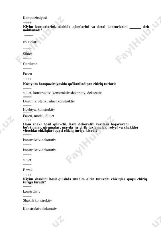 og’irlik miqdori qanday nomlanadi? ==== massa ==== hajm ==== rang ==== fon ++++ shaklning o’z chegarasi doirasida konstruktiv, konstruktiv-dekorativ va dekorativ chiziqlarga maksimal to’lganlik darajasi kiyim massasiga qanday ta’sir ko’rsatadi? ==== og’ir ==== yengil ==== yengil ==== zamonaviy ++++ kompozitsion shaklning yengilligiga qanday erishish mumkin? ==== yorqin rang, siyrak gul va chiziqlar ==== taxlama va drappirovkalar ==== kontrast ranglar ==== to’q rang, siyrak chiziq ++++ _________________________________________________ kostyum kompozitsiyasida eng ko’zga tashlanuvchi, boshqa qismlar bo’ysinuvchi qism qanday nomlanadi? ==== kompozitsion markaz ==== asosiy qism ==== qoshimcha qism ==== yaxlit kompozitsiya ++++ kompozitsion markazni yaratish, uni bo’rttirib ko’rsatishni nechta qonuniyat asosida amalga oshiriladi? ==== 4 ta ==== 3 ta ==== 2 ta ==== 7 ta ++++ markazni kompozitsiyadagi bir qismning ikkinchi qismga nisbatan hajmi, massasi va miqdori jihatidan kattaroq bo’lishi orqali yaratish qaysi qonuniyat orqali amalga oshiriladi? ==== #miqdor qonuni ==== miqdor qonuni ==== miqdor qonuni ==== markazda joylashganlik ++++ markaz yaratishda …