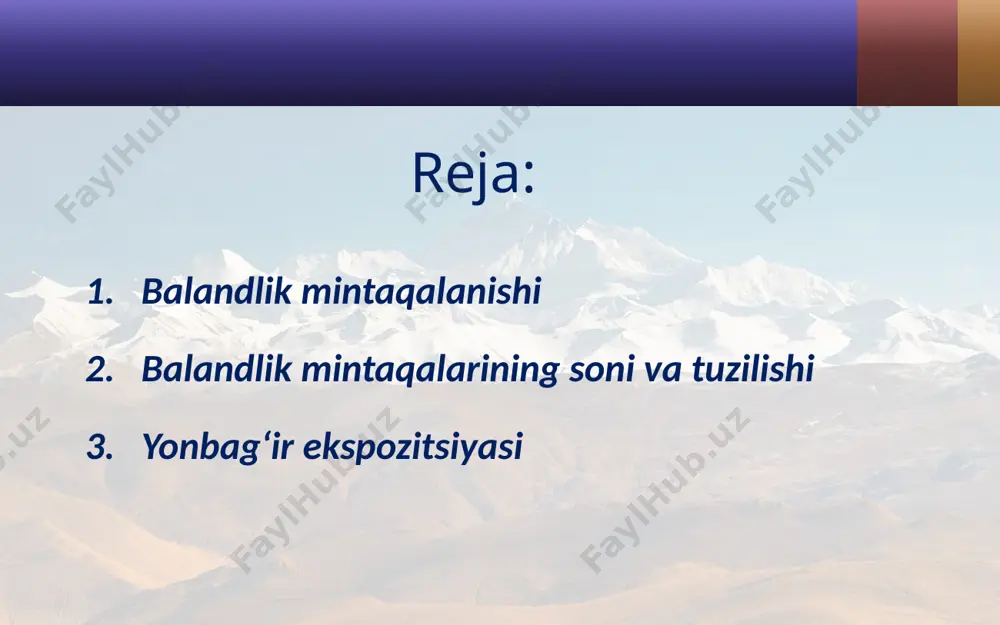 mintaqasi bo‘lsa, ayni shu balandlikdagi shimoliy yonbag‘irda esa tog‘ (tog‘–o‘rmon–dasht) balandlik mintaqasi shakllanganini ko‘rish mumkin. yonbag‘ir ekspozitsiyasi – tog‘ va tepalik yonbag‘irlarining ufq tomonlariga, quyosh nurlari tushadigan tomonga nisbatan joylashuvi. masalan, yonbag‘ir janubga qaragan bo‘lsa janubiy ekspozitsiya bo‘ladi. balandlik mintaqalanishi kenglik zonalligi (tabiat zonalari) bilan chambarchas bog‘liq. balandlik mintaqasi tog‘ning etagi qaysi tabiat zonasida joylashgan bo‘lsa o‘sha tabiat zonasidan boshlanadi. o‘zbekiston tog‘larida o‘simliklarning balandlik mintaqalanishini k. z. zokirov o‘rganib, to‘rtta balandlik mintaqasini ajratgan va mahalliy atamalardan foydalanib quyidagicha nomlaydi: cho‘l, adir, tog‘, yaylov. cho‘l adir yaylov tog‘ cho‘l balandlik mintaqasi respublikamizning mutlaq balandligi 400-500 m gacha bo‘lgan hududlarini o‘z ichiga oladi. adir balandlik mintaqasi dengiz sathidan 400–500 m dan 1000–1200 m gacha, respublika janubida janubiy ekspozitsiyada 1600 m gacha bo‘lgan tog‘ oldi hududlarini o‘z ichiga oladi. qor chizig‘i – tog‘lardagi shunday chegaraki, undan balandda qor yil bo‘yi erimay turadi. qor chizig‘ining balandligi joyning geografik o‘rniga, iqlimi, yog‘in miqdori, yonbag‘ir ekspozitsiyasiga …