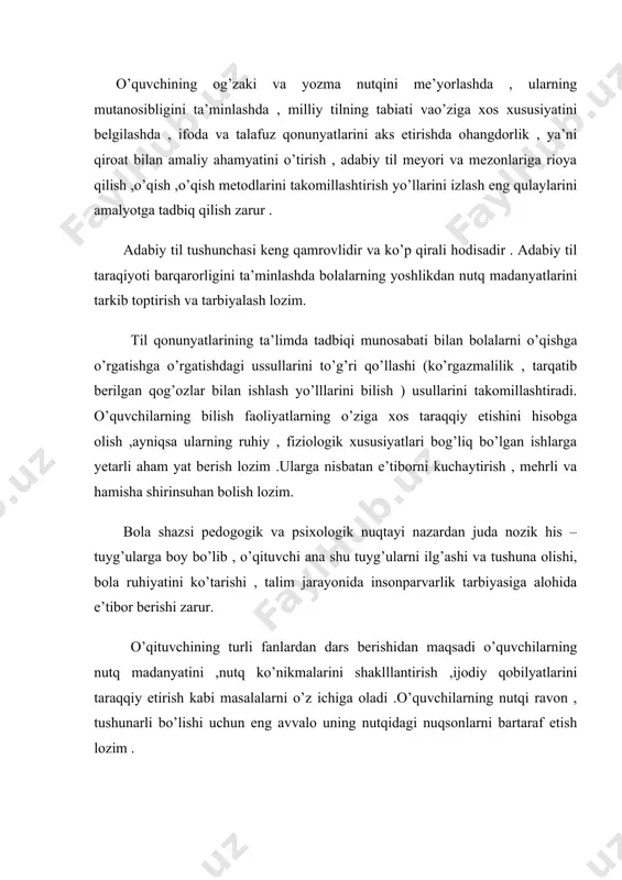 yatda kambag’al va qator kamchiliklarga ega . chunki yuqori sinflarda o’qituvchi nutq masalalariga e’tibor bermay qo’yadi . i bob. nutq o’stirish 1. 1. nutq va uni o’stirish tushunchasi. 1.nutq va uni o’stirish tushunchasi. nutq kishi faoliyatining turi , til vositalari( so’z ,so’z birikmasi , gap) asosida taffakurni ishga solishdir. nutq o’zoro aloqa va xabar funksiyasini ,o’zoro fikrni his- hayajon bilan ifodalash va boshqalarga tasir etish vazifasini bajararadi. yaxshi rivojlangan nutq jamyatda kishinig akyif faoliyatining muhim vositalaridan biri sifatida hizmat qiladi . o’quvchi uchun esa nutq maktabda muvvaqiyatli ta’lim olish qurolidir. nutq - o’stirish nima ? agar o’quvchi va uning tilidan bajarilgan ishlari ko’zda tutilsa ,nutq o’stirish deganda tilni har tomonlama ( talaffuzi , lug’ati ,sintaktik qurilishi ,bog’lanishli nutqni) aktif amaliy o’zlashtirish tushuniladi .agar o’qituvchi ko’zda tutilsa nutq o’stirish deganda, o’quvchilar tilining talaffuzi , lug’ati , sintaktik qurilishi va bog’lanishli nutqni faol egallashlariga yordam beradigan metod va usullarni qo’llash tushunladi. nu …