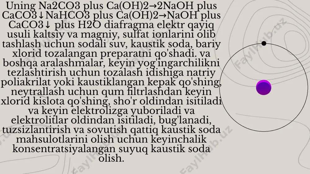 dastlabki sarmoya katta texnologik sxema: (membranali elektroliz diagrammasi) usul afzalliklari kamchiliklari diafragmali arzon, oddiy texnologiya mahsulot sifati past,asbest ekologik zararli simonli katod sof mahsulot, kam aralashmalar simob ekologik xavfli, qimmat mebranali eng ekologik toza, sifatli naoh qimmat texnologiya taqqoslash jadvali hozirgi kunda qaysi usul ko'proq ishlatiladi? simob katodli usul ko‘p joyda taqiqlangan, chunki simob atrof-muhit uchun zararli. diafragmali usul hali ham ishlatiladi, lekin mahsulot tozaligini oshirish uchun qo‘shimcha bosqichlar talab etiladi. membranali usul eng ilg‘or texnologiya bo‘lib, ko‘plab yirik zavodlar ushbu texnologiyaga o‘tmoqda. xulosa va takliflar membranali usul eng zamonaviy va ekologik xavfsiz texnologiya. simob katodli usul sof mahsulot beradi, lekin atrof-muhitga zararli. diafragmali usul arzon, lekin mahsulot sifati pastroq. bugungi kunda ko‘p zavodlar membranali texnologiyaga o‘tmoqda. xulosa diafragmalik usul anʼanaviy va ishonchli boʻlishiga qaramay, mahsulot kontsentratsiyasi past bo‘lishi sababli keyinchalik konsentratsiyalash jarayonlarini talab qiladi. - smob (merkuriy) katodli usul esa yuqori sifatli mahsulot beradi, lekin simobdan kelib chiqadigan toksiklik …