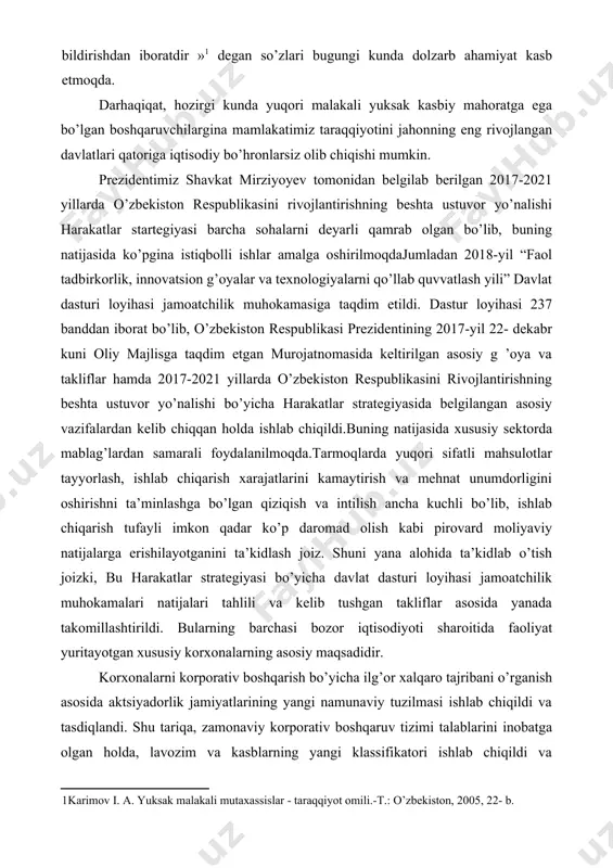 agi vazifalarni amalga oshirish nazarda tutilgan: -korxonalarda xodimlarni boshqarish tizimining nazariy jihatlarini o’rganish ; -korxonada xodimlarni boshqarish usullarning mazmun-mohiyati va o’ziga xos xususiyatlarini o’rganish; -korxonalarda samarali boshqarishda xorij tajribasini o’rganib chiqish; -“o’zagroservis”ajda boshqaruv jarayonidagi ishtirokini izohlab beruvchi ijtimoiy-iqtisodiy faoliyat tahlilini o’rganish; -korxonada samarali boshqarishni tashkil qilish va rivojlantirish usullarini o’rganish. mavzuning nazariy-amaliy ahamiyati. o’zbekiston respublikasi prizedenti milliy iqtisodiyotni erkinlashtirish bo’yicha ilgari surgan nazariy qarashlari, ilmiy risolalari, boshqaruv organlari faoliyatiga oid prizedent farmonlari va qarorlari, shu jumladan, boshqaruv organlarining funksional vazifalarining o’ziga xos xususiyatlari mavzusi yuzasidan bevosita va bilvosita shug’ullanayotgan xorijiy va mahalliy iqtisodchi olimlarning ilmiy - nazariy qarashlari. kurs ishi tarkibining qisqacha tavsifi. kurs ishida: kirish, ikkita bob, xulosa, foydalanilgan adabiyotlar ro’yxatidan tarkib topgan. i. bob. tashkilot kadrlarini boshqarish tizimining nazariy asoslari 1.1. xodimlarni boshqarish tizimining nazariyasi. bugungi amaliyotda xodim va uni boshqarish muammosiga ikki xil yondashuv mavjud: · inson resurslarini boshqarish; · xodimlarni boshqarish. "inson resurslarini boshqarish" tushunchasi boshqarishning …
