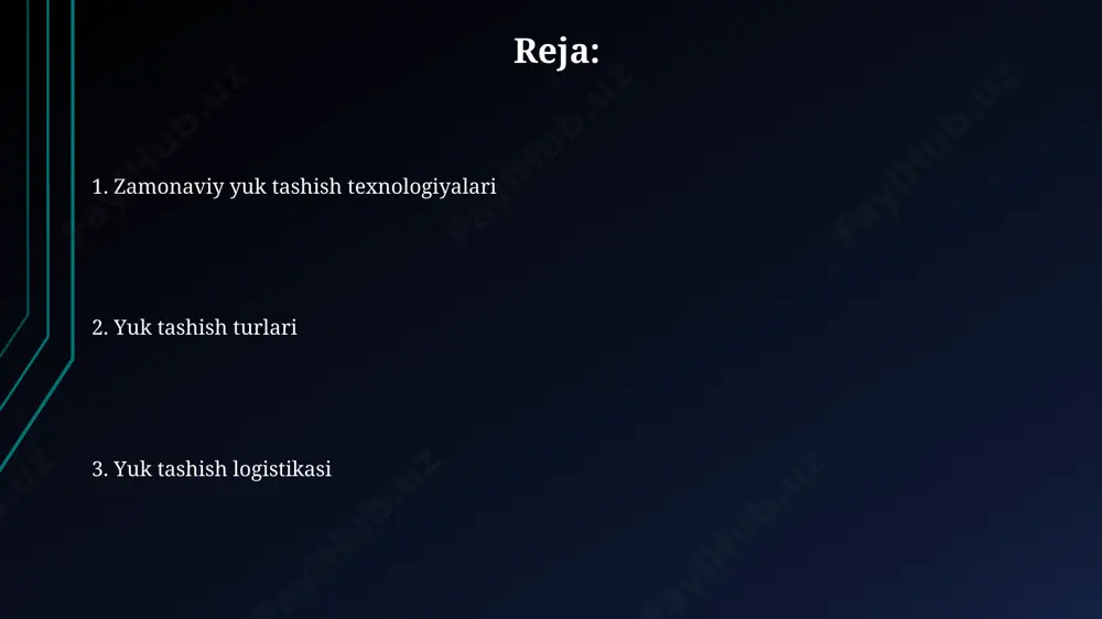 i ishlab chiqildi. samarqand viloyatida joylashgan omborlarda 2000 dan ortiq turdagi tovarlarni saqlash va yetkazib berish uchun avtomatlashtirilgan logistika tizimi 10% ga xarajatlarni kamaytirdi. texnologiyalar va innovatsiyalar avtonom kemalar va yuk mashinalari, masalan, tesla kompaniyasining avtonom yuk mashinalari loyihalari, 2025-yilga kelib jahon bozorida yuk tashish xarajatlarini 15% ga kamaytirishga qodir. singapurda amalga oshirilgan sinovlarda blockchain texnologiyasi yuk tashish jarayonini kuzatish va shaffofligini ta'minlash orqali 30% ga tezlashtirdi va xatoliklar sonini 10% ga kamaytirdi. iqtisodiy jihatlari 2022-yilda o'zbekistonning avtomobil transporti orqali yuk tashish hajmi 150 million tonnadan oshgan bo'lib, bu mamlakat iqtisodiyotining 5% dan ortiq qismini tashkil etadi. toshkent shahridagi yuk terminallarining modernizatsiyasi natijasida yuk aylanmasi 25% ga oshdi, bu esa yillik daromadni 10 million dollarga ko'paytirdi. e'tiboringiz uchun rahmat @taqdimot_robot image1.jpg image2.jpg image3.jpg image4.jpg image5.jpg image6.jpg image7.jpg