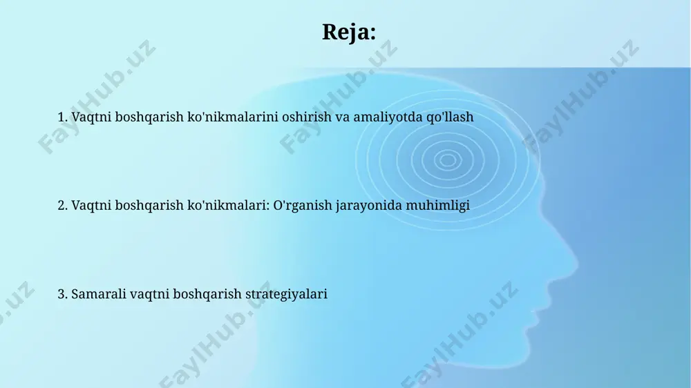 a erishish imkonini berib, andijon viloyatining maktab o'quvchilarida stress darajasini pasaytiradi. samarali vaqt boshqaruvi, masalan, 2 soatlik darsga 30 daqiqa tayyorgarlik ajratish orqali, toshkentdagi talabalarning o'zlashtirish koeffitsentiga 15% gacha ijobiy ta'sir ko'rsatishi mumkin. e'tiboringiz uchun rahmat @taqdimot_robot image2.jpg image3.jpg image4.jpg image5.jpg image1.png