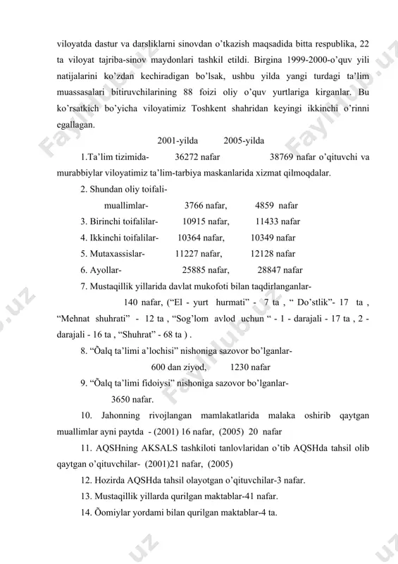 shkiloti tanlovlaridan o’tib aqshda tahsil olib qaytgan o’qituvchilar- (2001)21 nafar, (2005) 12. hozirda aqshda tahsil olayotgan o’qituvchilar-3 nafar. 13. mustaqillik yillarda qurilgan maktablar-41 nafar. 14. õomiylar yordami bilan qurilgan maktablar-4 ta. viloyatimiz miqyosdagi ushbu ko’rsatkichlar ham barkamol avlod tarbiyalash ishlariga katta e’tibor qaratilayotganligi namunasidir. muallimlarimiz, murabbiylarimiz erishgan natijalar, o’quvchilar bilim darajasini o’sishi, mamlakat miqyosida “andijoncha ta’lim” degan iboraning paydo bo’lishi, eng avvalo, xalq ta’limi xojimlarini bilimli, iqtidorli, qobiliyatli o’quvchilarni tarbiyalayotganligimizni ko’rsatadi. o’quvchilarimizning bilimlari 1999-yil 16-avgustda qabul qilingan “umumiy o’rta ta’limning davlat standartlari” talablari darajasida egallanmoqda. viloyatimiz o’quvchilari respublika hamda osiyo davlatlari, jahon olimpiadalariga qatnashib, faxrli o’rinlarni egallashga harakat qilishmoqda. 1997-yil 29-avgustda qabul qilingan “ta’lim to’g’risida”gi qonun uzluksiz ta’limni joriy etdi. o’rta maxsus kasb-hunar kollejini yoki oliy ta’limni tugallab mutaxassislikni egallagan shaxs fan-texnikani o’z faoliyatida qo’llay oladigan bo’ldi. xxi asrda yashovchi har bir inson dunyoviy bilimlardan puxta egallagan bo’lishi shart. chunki shiddatli zamon kishilardan turli ehtiyojlarni talab qiladi. prezidentimiz i.a.karimov: “aql-zakovatli, …