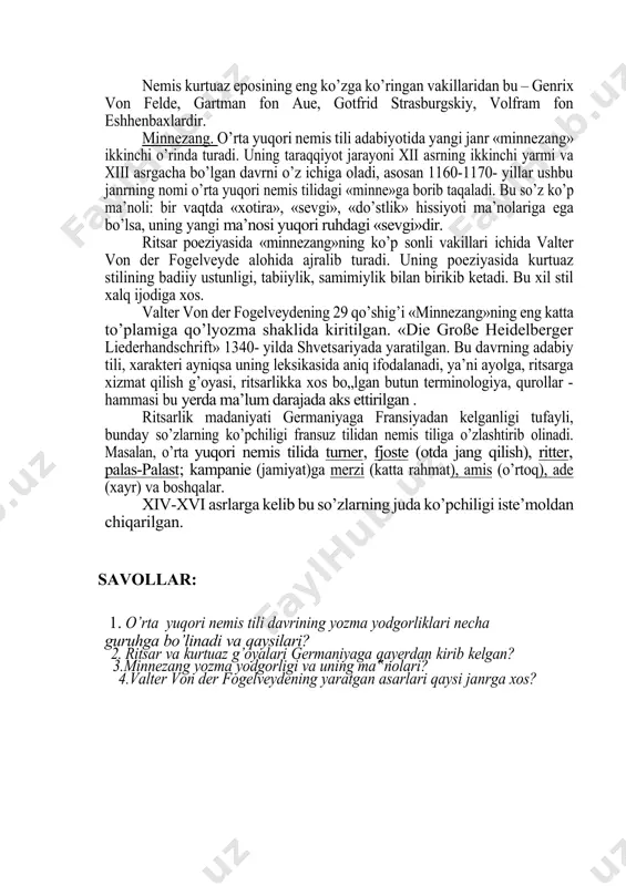 irgalikda 436-yilda burgundlar shohi gundikariyning tor-mor etishi tasvirlanadi. kurtuaz eposi. kurtuaz eposi germaniyada xii asrning 70-yillarida fransiyadan kirib kelgan. fransiyada feodal ritsarlik ideologiyasi ovrupoda boshqa mamlakatlarga nisbatan ancha oldin rivojlanadi. germaniyada bu janrda yaratilgan asarlar asosan fransiyada yaratilgan asarlarning tarjimasi edi xolos. bu yerda shu janrning namoyandasi kreten de trua bo’lib, uning asarlari ko’pchilikni tashkil qilgan. ushbu asarning temasi va syujeti «artur sikli» (sikl- so’zi ma’lum davr ichida sodir bo’ladigan ish, hodisa, jarayon) deb ataluvchi asarlar to’plamidan iborat. bu asarlarda asosan britan qiroli artur va uning ritsarlari to’g’risida to’plangan rivoyatlar tasvirlanadi. bu asarning asosida dastlabki tuzumda qadimgi kelt afsonalari yotadi, ya’ni irland variantida. «artur sikl» romanida ayollarga nisbatan bo’lgan yuqori his – tuyg’u aks ettiriladi nemis kurtuaz eposining eng ko’zga ko’ringan vakillaridan bu – genrix von felde, gartman fon aue, gotfrid strasburgskiy, volfram fon eshhenbaxlardir. minnezang. o’rta yuqori nemis tili adabiyotida yangi janr «minnezang» ikkinchi o’rinda turadi. uning taraqqiyot jarayoni …