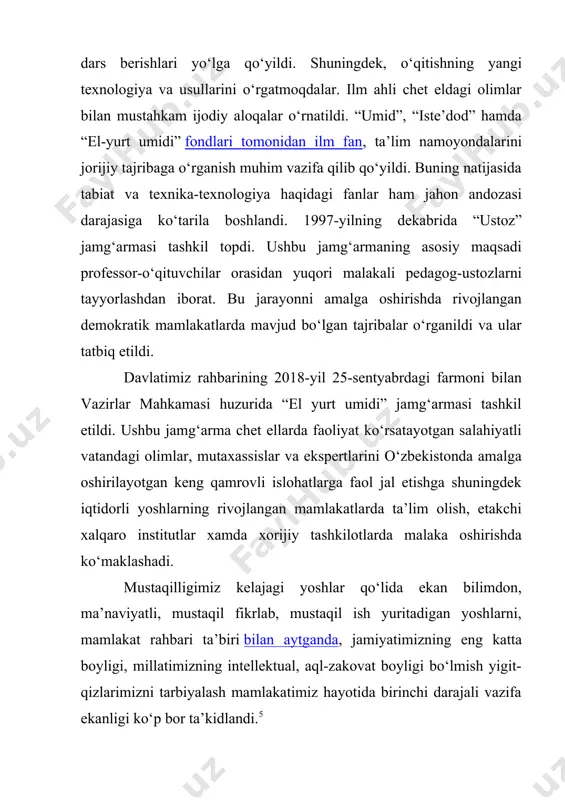 nligi ko‘p bor ta’kidlandi.5 respublikadan tashqarida ham keng tanilgan – toshkent va samarqand davlat universitetlari, jahon iqtisodiyoti va diplomatiya universitetlari, jahon tillari universiteti, toshkent iqtisodiyot universiteti, texnika universiteti, agrar universitet, konservatoriya, san’at instituti, shuningdek, respublikaning barcha mintaqalarida joylashgan tibbiyot, gumanitar tarmog‘i ta’lim tizimining o‘zagi bo‘lib qoldi. 2. 1992 yilgi “ta’lim to‘g‘risida”gi qonun va “kadrlar tayyorlash milliy dasturi”ning (1997 y.) qabul qilinishi. ta’lim milliy modelining shakllanishi, rivojlanishi va sohadagi muammolar. mustaqillik yillarida ilm-fanning rivojlanishi. o’zbekiston respublikasi hali davlat mustaqqilligini qo’lga kiritmasdanoq kadrlar tayyorlash masalasi respublikamizdagi dolzarb muammolarga aylanib bormoqda edi. «aytish kerakki, kadrlarni puxtaroq qilib tayyorlamasdan, ularning qadriga yetmasdan, ularga ishonmasdan va qo’llab-quvvatlamasdan, o’ylaymanki, biron bir sohada ahvolni hech qanaqa tarzda o’zgartirib bo’lmaydi» degan edi prezidentimiz i.karimov.shuningdek, bu masalada i.karimovning quyidagi fikrlariga tag’in diqqatingizni jalb qilamiz. «respublikamizning hozirgi davrigina emas, kelajagi ham tub millatdan sanoat ishchilar sinfini shakllantirish muammosi bilan bog’liq. o’zingiz o’ylab ko’ring, 460 ta kunduzgi hunar-texnika bilim yurtining har …