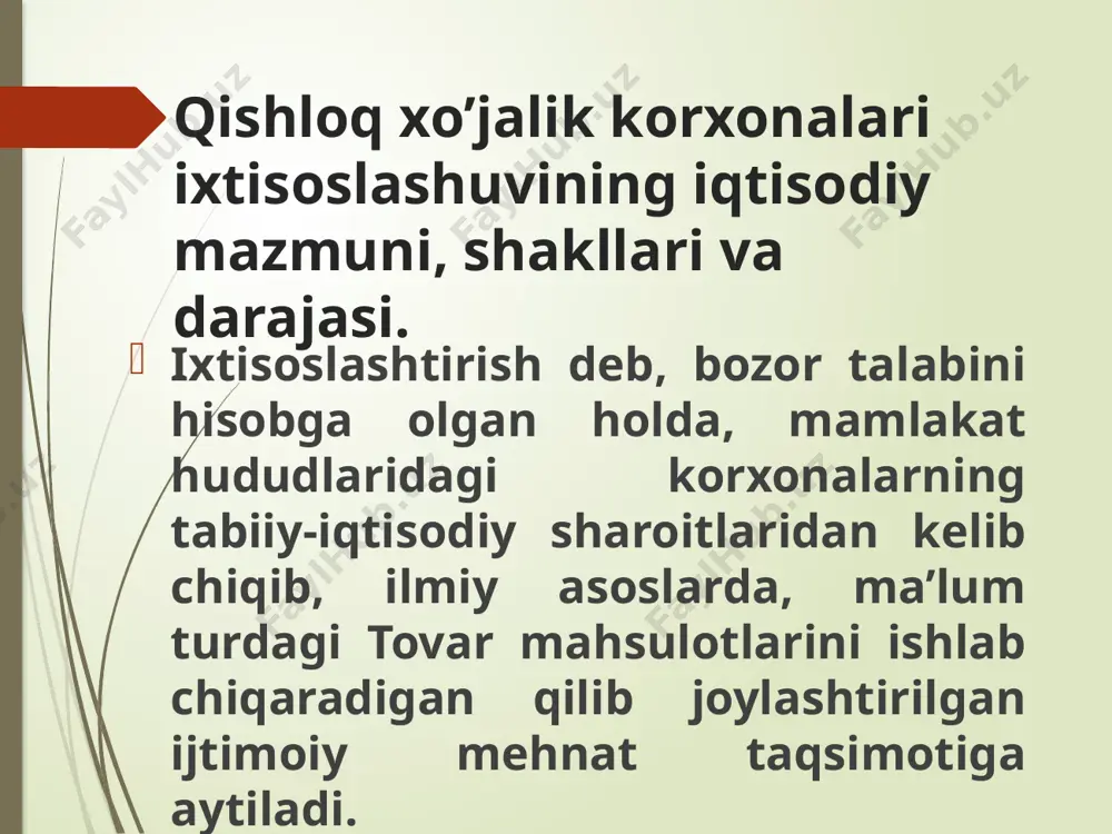 ining hajmi ma‘lum darajada chorva bosh sonining miqdori bilan ifodalanadi. chorva mollarining soni va mahsuldorligi chorvachilik mahsulotlarini yetishtirish hajmini belgilaydi. chorvaning bosh soni hisobi bilan xo’jalikning ishchi soniga, chorvachilik inshootlari, ozuqalarga talabi hisoblab chiqiladi. qishloq xo’jaligi korxonalarining hajmi ko’pgina omillarga bog’liq .ular: -davlatning agrar siyosati, tabiiy-iqlim sharoiti, korxonaning ixtisoslashuvi, asm tarmoqlari moddiy-texnika bazalarining rivojlanishi, mehnat va yer-suv resurslari bilan ta‘minlanganligi va boshqalar; - mulk shakli va xo’jalik yuritishning tashkiliy-huquqiy shakllari isloh qilinganda qishloq xo’jaligidagi xususiy sektorga, yani fermer xo‗jaliklarini yiriklashtirishga yo‗l qo’yildi; qishloq xo’jaligida ixtisoslashuv va konsentratsiyalashning iqtisodiy samaradorligi qishloq xo’jaligi ekinlarining hosildorligi, s/ga; chorva hayvonlarining mahsuldorligi, kg, gramm, h.q; bir gektar qishloq xo’jaligi ekin maydoniga to’g’ri keladigan yalpi mahsuloti va tovar qiymati, so‗m asosiy ishlab chiqarish fondlarining 1 so’miga to’g’ri keladigan yalpi va tovar mahsuloti qiymati, so’m; bir-birlik mahsulot yetishtirish uchun sarflangan mehnat sarfi (odam-soat, odam-kun); mahsulotlarning turlari bo’yicha tannarxi, so‗m; mahsulotlar sotishdan olinadigan daromadlar, so‗m; mahsulotlarning rentabellik darajasi, …