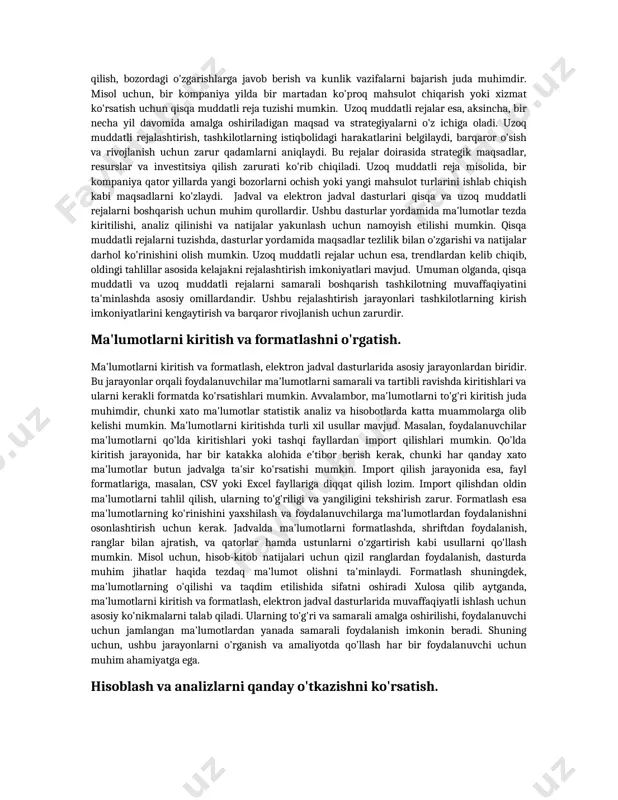 dasturlarni tanlaydilar. masalan, hisob-kitoblar va statistik tahlil haqida tushuncha talab qilgan paytlarda hayotiy ma'lumotlarni kiritishda turli jadval dasturlaridan foydalanish odatiy hol hisoblanadi. shuningdek, katta ma'lumotlar bilan ishlash uchun power bi kabi qo'shimcha vositalar bilan integratsiya qilish orqali ham jadval dasturlarining imkoniyatlarini yanada kengaytirish mumkin xulosa qilib aytganda, jadval dasturlari o'zining ma'lumotlarni tahlil qilish va usullarga asoslangan xususiyatlari bilan boshqa dasturlardan farq qiladi. ushbu farqlarni to'g'ri anglash foydalanuvchilarga ma'lumotlarini yanada samarali boshqarishga yordam beradi. qisqa muddatli va uzoq muddatli rejalarni ko'rib chiqish. rejalashtirish tashkilotlarning muvaffaqiyatli faoliyatini ta'minlash uchun muhim jarayondir. qisqa muddatli rejalar, odatda, bir yil yoki undan kamroq vaqt oralig'ida amalga oshiriladigan maqsad va vazifalarni o'z ichiga oladi. bu rejalar ko'pincha o'zgaruvchan sharoitlarga tezda moslashishga yordam beradi. ular aniq maqsadlar qo'yishga, resurslarni samarali taqsimlashga va natijalarni tezda baholashga imkon beradi. qisqa muddatli rejalarda tezkor qarorlar qabul qilish, bozordagi o'zgarishlarga javob berish va kunlik vazifalarni bajarish juda muhimdir. misol uchun, bir …