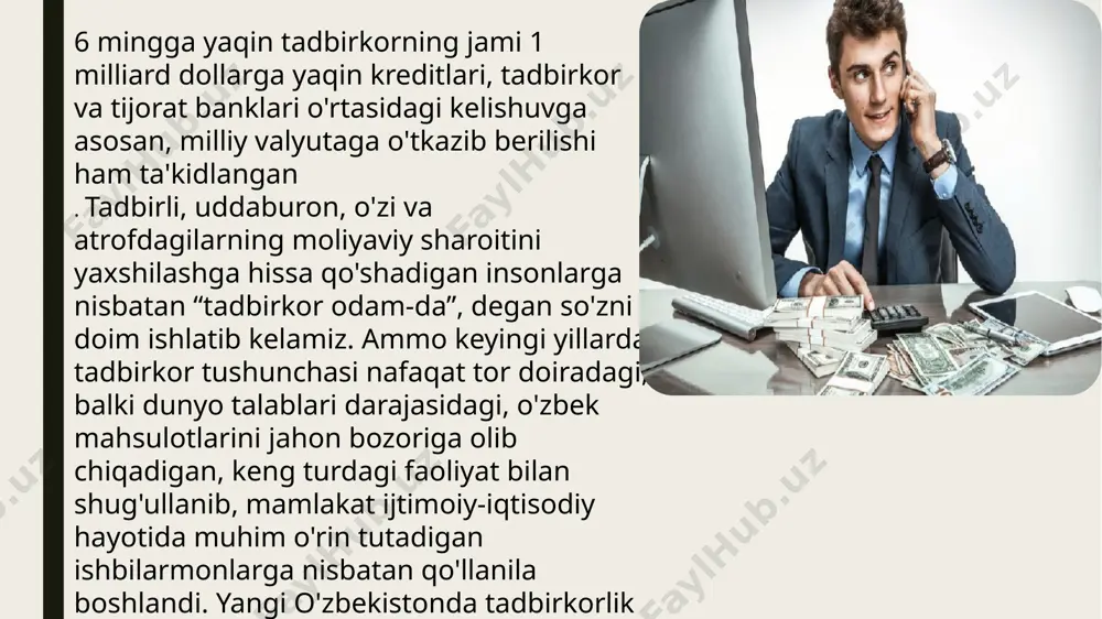 g 20 foizdan 15 foizga tushirilishi natijasida tadbirkorlik sub'ektlari ixtiyorida 2 trillion so'm mablag' qoldi. kredit olish osonlashdi sir emas, tijorat banklarining kreditlari tadbirkorlik sub'ektlari faoliyatini moliyalashtirishning asosiy manbalaridan biri sanaladi. banklarning uzoq muddatli kreditlari hisobidan tadbirkorlik subyektlarining investitsion xarajatlari moliyalashtirilsa, qisqa muddatli kreditlari tadbirkorlik sub'ektlari aylanma mablag'larini to'ldirishning muhim moliyaviy manbai bo'ladi. biroq kredit olishdagi sarsongarchiliklar odamlarni uzoq yillar qiynab kelgani rost. so'nggi yillarda davlatimiz rahbarining tashabbusi bilan kredit ajratish tizimining soddalashtirilishi natijasida minglab insonlar o'z tadbirkorlik faoliyatiga ega bo'la boshladi. aholining bandligini ta'minlash va oilaviy tadbirkorlikni rivojlantirish, xotin-qizlar va yoshlarning tadbirkorlik tashabbuslarini moliyaviy qo'llab-quvvatlash maqsadlari uchun 281 mingdan ortiq loyihaga jami 48,4 trillion so'm kredit mablag'lari ajratildi. 5,7 trillion so'mdan ko'p imtiyozli kreditlar ajratildi va bu orqali 633 mingdan ziyod oilalar tadbirkorlikni yo'lga qo'yib, daromad topishga qaratilgan faoliyat bilan shug'ullanishiga zamin yaratildi. boshqacha qilib aytganda, respublika bo'yicha o'rta hisobda har ming xonadonning 94 tasi ushbu dasturlar doirasida o'z …