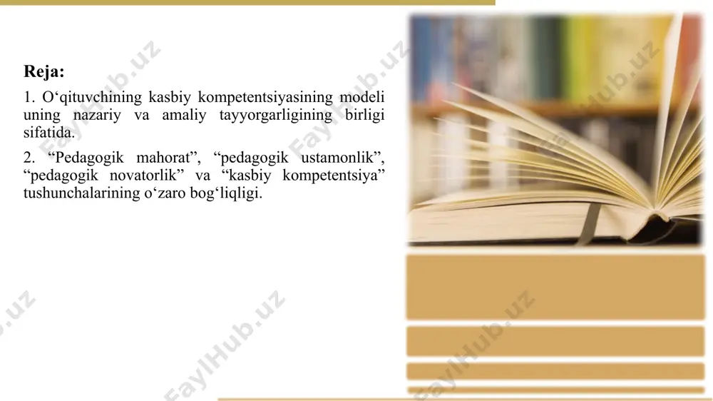 va xulq-atvorini tushunish darslarni rejalashtirishda va moslashuvchan yondashuvlar qo‘llashda yordam beradi. metodika: metodik bilimlar amaliyotda o‘quv rejalarini yaratish va darslarni strukturallashtirishda qo‘llaniladi. ta’lim jarayonini samarali tashkil etish va darslarni qiziqarli qilish imkonini beradi. fan bilimi: o‘qitilayotgan fan bo‘yicha chuqur bilim amaliy darslarda aniq va ishonchli ta’lim berishni ta’minlaydi. talabalarning savollariga to‘g‘ri javob berish va ularni fan bo‘yicha qiziqtirish imkonini beradi. o‘qituvchining kasbiy kompetentsiyasining modeli uning nazariy va amaliy tayyorgarligining birligi sifatida amaliy tayyorlikning nazariy tayyorlikka ta'siri dars o‘tkazish ko‘nikmalari: amaliyotda to‘plangan tajriba nazariy bilimlarni yanada boyitadi va ularni real sharoitlarda qo‘llash imkonini beradi. dars o‘tkazish tajribasi o‘qituvchining metodik bilimlarini mustahkamlaydi. sinflarni boshqarish: sinf boshqarish tajribasi pedagogik va psixologik bilimlarni amaliyotda qo‘llashni o‘rgatadi. turli sinf sharoitlarida ishlash tajribasi o‘qituvchining kasbiy rivojlanishiga hissa qo‘shadi. baholash va qayta aloqa: talabalarni baholash tajribasi nazariy bilimlarni takomillashtirishga yordam beradi. qayta aloqa berish tajribasi o‘qituvchining pedagogik usullarini yanada samarali qiladi. xulosa o‘qituvchining kasbiy kompetentsiyasi nazariy va …