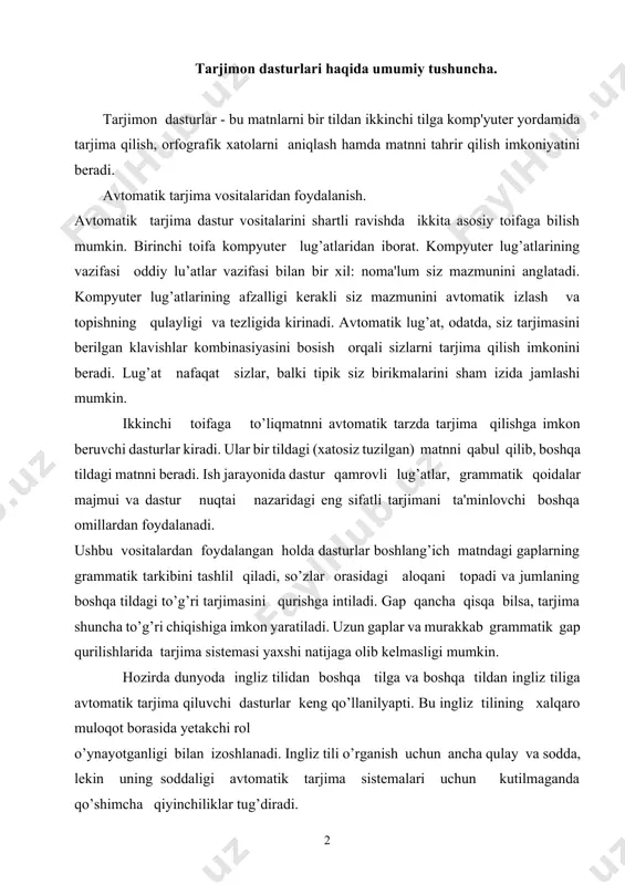 alqaro muloqot borasida yetakchi rol o’ynayotganligi bilan izoshlanadi. ingliz tili o’rganish uchun ancha qulay va sodda, lekin uning soddaligi avtomatik tarjima sistemalari uchun kutilmaganda qo’shimcha qiyinchiliklar tug’diradi. hamma gap shundaki, ingliz tilidagi bir xil yozilgan so’zlar ko’pincha nutqning turli qismlariga tegishli biladi. bu gapning grammatik tashlilini qiyinlashtiradi va avtomatik tarjimadagi qo’pol xatolarning yuzaga kelishiga olib keladi. biz kundalik faoliyatda tarjima programmalarining ko’p turlarini uchratishimiz mumkin. hozirgi vaqtda rossiyada ham, shu jumladan respublikamizda ham quyidagi vositalar keng qo'llanilmoqda: - stylus (promt firmasi mahsuloti) - elektron tarjimoni; - propis (agama firmasi mahsuloti) - elektron lug'ati; - orfo, kontekst (informatik firmasi mahsuloti va lingvo (bit firmasi mahsuloti) - orfografik xatolarni aniqlovchi vositalar. lekin biz quyidagi eng ko’p tarqalgan va tanilgan stylus dasturlariga to’xtaymiz. rus tilidan ingliz tiliga va ingliz tilidan rus tiliga avtomatik tarjima qilish sistemalaridan socrat va stylus kabi dasturlar keng tarqalgan. stylus, shubshasiz, tarjimada yana ham yuqori sifat va o’zgaruvchanlikni ta'minlaydi. …