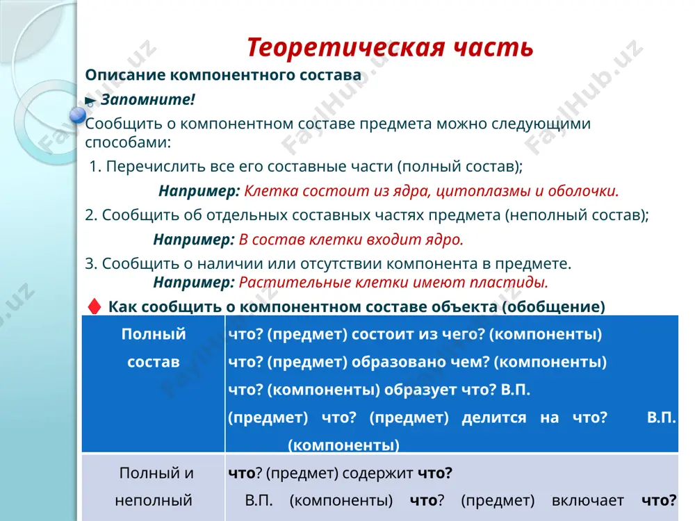 оля / часть единицы 2,02- две целых единицы, две сотых доли / части единицы 2,25 - две целых единицы, двадцать пять сотых доли / части единицы и т.д. теоретическая часть описание количественного состава б. как читаются числа: 1,1 - одна целая, одна десятая 2,2 - две целых, две десятых 3,3 - три целых, три десятых 0,6 - ноль целых, шесть десятых 1,01 - одна целая, одна сотая 2,02 - две целых, две сотых 2,25 - две целых, двадцать пять сотых ► запомните! выделенные слова стоят в р.п. числительные: десятая сотая тысячная изменяются как прилагательные женского рода логико-грамматические конструкции: что? составляет какую? часть чего? какое? количество чего? входит в состав какое? количество чего? приходится на долю чего? какое? количество чего? содержится в чем? практическая часть сообщите о полном компонентном составе. 1) модели: примеры: двигательный аппарат человека состоит из скелета и мышц. двигательный аппарат человека образован скелетом и мышцами. скелет и мышцы …