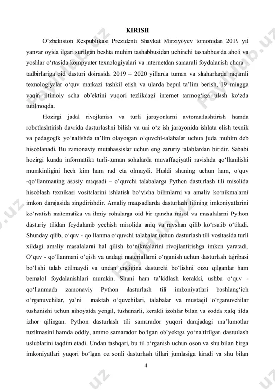 kon yaratadi. o‘quv - qo‘llanmani o‘qish va undagi materiallarni o‘rganish uchun dasturlash tajribasi bo‘lishi talab etilmaydi va undan endigina dasturchi bo‘lishni orzu qilganlar ham bemalol foydalanishlari mumkin. shuni ham ta’kidlash kerakki, ushbu o‘quv - qo‘llanmada zamonaviy python dasturlash tili imkoniyatlari boshlang‘ich o‘rganuvchilar, ya’ni maktab o‘quvchilari, talabalar va mustaqil o‘rganuvchilar tushunishi uchun nihoyatda yengil, tushunarli, kerakli izohlar bilan va sodda xalq tilda izhor qilingan. python dasturlash tili samarador yuqori darajadagi ma’lumotlar tuzilmasini hamda oddiy, ammo samarador bo‘lgan ob’yektga yo‘naltirilgan dasturlash uslublarini taqdim etadi. undan tashqari, bu til o‘rganish uchun oson va shu bilan birga imkoniyatlari yuqori bo‘lgan oz sonli dasturlash tillari jumlasiga kiradi va shu bilan birgalikda unda dasturlash jarayoni juda ham oddiy amalga oshiriladi. python dasturlash tilining rasmiy sayti – www.python.org bo‘lib, uning muallifi niderlandiyadagi matematika va informatika ilmiy adqiqot institutida ishlagan gvido van rossum deb hisoblanadi. pythonning o‘ziga xosligi esa uning oddiyligi, o‘rganishga osonligi, sodda sintaksisga egaligi va dasturlash …