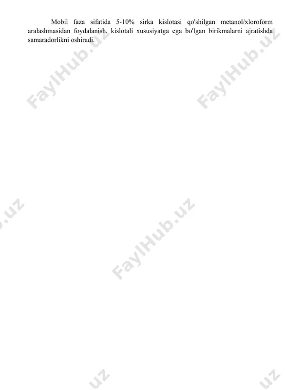 iradi. 📌xulosa yupqa qatlamli xromatografiya aralashmalardagi komponentlarni ajratish va aniqlashda samarali va sodda usul ekanligini isbotladi. natijalar komponentlarning rf qiymatlari orqali sifatli va miqdoriy tahlil qilish imkonini berdi. 📚foydalanilgan adabiyotlar 1. stahl, e. dünnschicht-chromatographie. ein laboratoriumshandbuch. springer-verlag, berlin, 1962. 2. touchstone, j. c., sherma, j. thin layer chromatography: techniques and applications. john wiley sons, new york, 1996. 3. jork, h., funk, w., fischer, h., wimmer, h