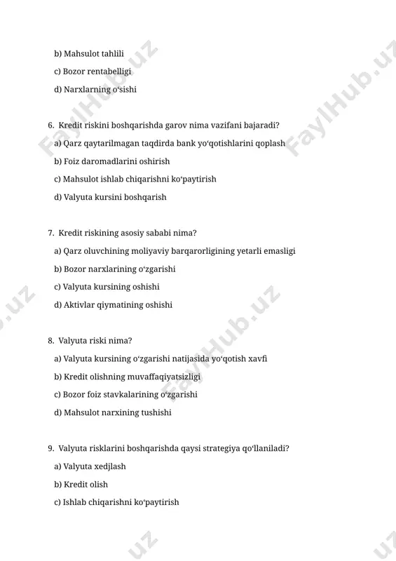 qo‘llaydi? a) xalqaro tranzaksiyalarda kelishuv kursini belgilash b) kredit olish c) diversifikatsiyadan voz kechish d) xarajatlarni oshirish 12. valyuta risklarini boshqarishda valyuta xedjlash qanday vazifani bajaradi? a) kurs o‘zgarishidan himoya qiladi b) foiz daromadlarini oshiradi c) aktivlarning qiymatini oshiradi d) mahsulot ishlab chiqarishni ko‘paytiradi 13. qaysi omil valyuta riskiga katta ta'sir ko'rsatadi? a) xalqaro bozor kurslari o‘zgarishi b) bozor ulushi c) kredit hajmi d) aktivlar likvidligi 14. valyuta risklarini kamaytirish uchun kompaniyalar qanday moliyaviy vositalardan foydalanadi? a) forward va future kontraktlar b) kredit skoring tizimi c) marketing rejalari d) xarajatlarni tahlil qilish 15. foiz riski nima? a) foiz stavkalarining o‘zgarishi tufayli yo‘qotish xavfi b) kredit oluvchilar sonining ko‘payishi c) aktivlar qiymatining pasayishi d) ishlab chiqarish hajmining oshishi 16. foiz stavkasi riskini boshqarishda qaysi usul qo‘llaniladi? a) foiz stavkasi derivativlari b) valyuta kursini kuzatish c) aktivlarni diversifikatsiya qilish d) kredit olish 17. foiz riskini kamaytirish uchun qaysi moliyaviy vositalar qo‘llaniladi? a) …