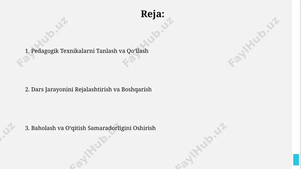 ubi) qo'llash, o'quv jarayonini yanada qiziqarli va samarali qiladi. dars ishlanmasini tuzishda differensiatsiya tamoyillarini qo'llash, ya’ni 3 xil darajadagi topshiriqlarni (yuqori, o'rta, past) tayyorlash, barcha o'quvchilarning ehtiyojlarini qondirishga yordam beradi. zamonaviy pedagogik yondashuvlar kompetensiyaga asoslangan yondashuv o'quvchilarda 5 ta asosiy kompetensiyani – muloqot, muammolarni yechish, tanqidiy fikrlash, ijodkorlik va o'z-o'zini boshqarishni rivojlantiradi. “aqlli ta'lim” texnologiyalari, masalan, interactive doskalar va onlayn platformalardan foydalanish, o'quvchilarning faol ishtirokini 40% ga oshiradi. differentiatsiya va inklyuziya differensiatsiya o'quvchilarning individual ehtiyojlarini hisobga olgan holda, kamida 3 ta turli usulda (masalan, vazifa, material, vaqt bo'yicha) ta'limni moslashtirishni o'z ichiga oladi. differensiatsiya va inklyuziya samarali sinf boshqaruvi uchun muhimdir, chunki 20 nafar o'quvchidan iborat sinfda kamida 5 nafar o'quvchi individual yordamga muhtoj bo'lishi mumkin. o'qituvchining o'z ustida ishlashi va rivojlanishi o'z ustida ishlash jarayonida o'qituvchi o'zining kuchli va kuchsiz tomonlarini aniqlash uchun kamida 5 ta turli baholash usullaridan foydalanishi, natijalarni tahlil qilib, rivojlanish rejasi tuzishi kerak. samarali o'z …