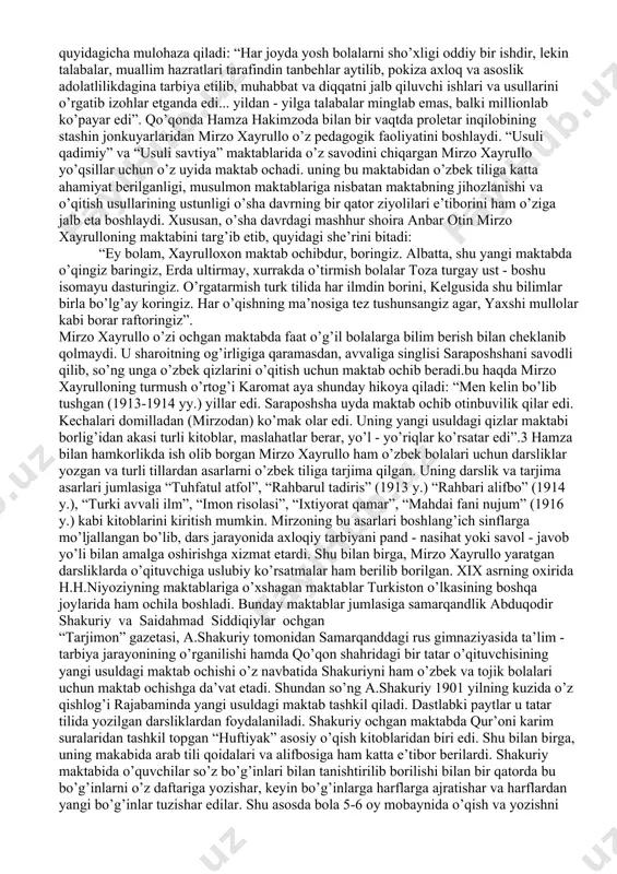 rbiya ishlari mahalliy xalq manfaatlarini namoyon etmaganligi o’z navbatida turkiston o’lkasidagi siyosiy qarama - qarshiliklarni kelib chiqshiga olib keldi. rus gubernatorlarining bosqinchilik siyosatini anglab etgan mahalliy xalq orasida milliy ozodlik harakati boshlab yuborildi. rus - tuzem maktablaridagi ta’lim mazmuni mahalliy aholini o’ziga jalb eta olmaganligiga qaramasdan, eski diniy maktablardan har tomonlam afzal bo’lgan ta’lim tarbiya usullarining ruslar tomonidan o’lkada qo’llanila boshlashi hamda rus - tuzem maktablari uchun dastlabki o’zbek tilidagi darsliklarning yaratilishi va o’qitish jarayonida ta’lim berishning qadimiy bo’g’in (hijo) uslubidan tovush uslubiga o’tilishi jkda katta ahamiyatga ega bo’ldi. 1905 yilgi rus revolyutsiyasi va uning turkiston maorifiga ko’rstagan ta’siri 1905 yilning fevral oyida bo’lib o’tgan rossiyadagi burjua revolyutsiyasi turkiston o’lkasidagi maorif tizimi ham juda tushkin bir ahvolga kirib qoldi. o’lkadagi mahalliy ziyolilar o’zlarining siyosiy va g’oyaviy dunyoqarashlariga ko’ra uchta yirik gurhga bo’linib ketdi. “qadimiylar” nomini olgan diniy ulamolar har qanday ilg’or usulga qarshi chiqishib, eskicha o’qitish g’oyalarini targ’ib etishardi. bunday …