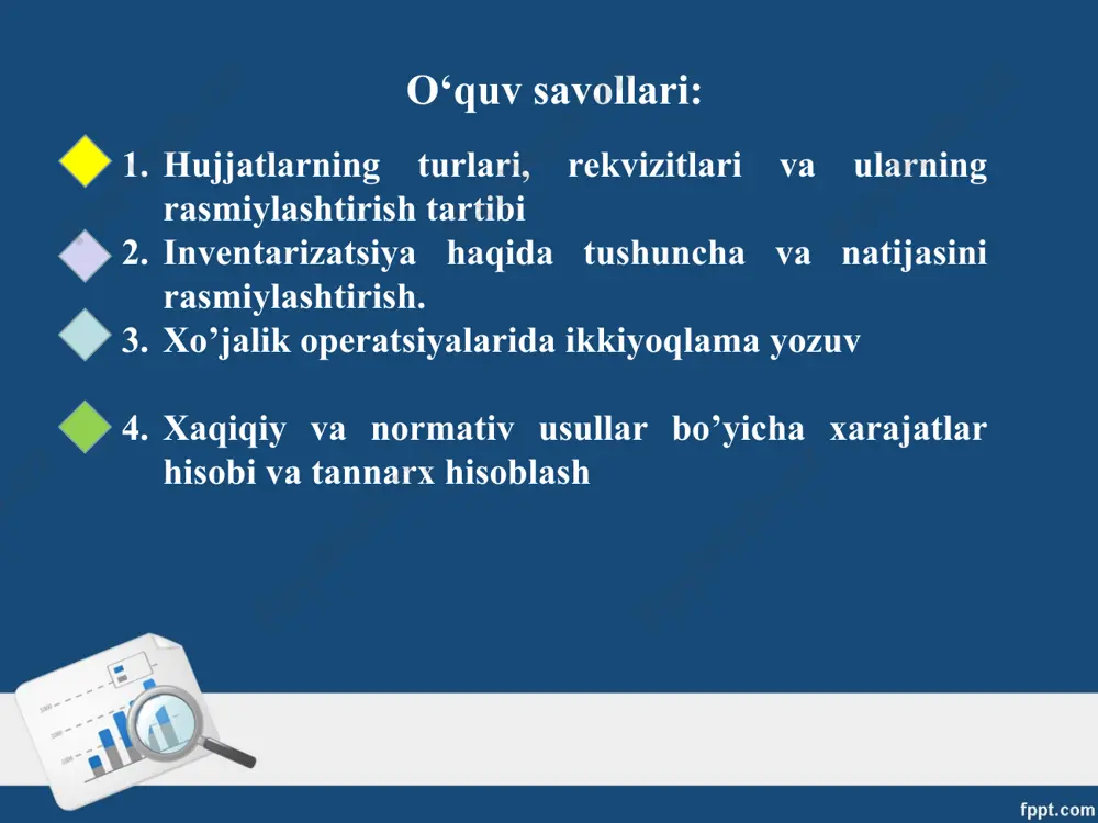 gan xo’jalik jarayonlarining asosi hisoblangan uning moliyaviy holati, tovar moddiy boyliklari zaxiralari haqida axborot beruvchi hujjatlar, ichki boshqaruv va yuqori tashkilot hamda muassasalari, davlat soliq nazorati, kreditorlar, aktsiyanerlar, ta’sischilar, tashqi auditorlarga zarur vaqtlarda tegishli axborotlar olishda xizmat qiladi. inventarizatsiya haqida tushuncha va natijasini rasmiylashtirish. inventarizatsiya moddiy qiymatliklarni but saqlanishini nazorat qilishdir. korxonalarda yillik hisobot tuzilib, bundagi ma’lumotlar albatta, haqiqiy ma’lumotlar asosida aks ettirilgan bo’lmog’i lozim. bu shart bajarilishi uchun ham korxona inventarizatsiyasi o’tkazilmog’i shartdir. inventarizatsiya korxona mablag’ini tekshirib, ro’yxatga olish va olingan ma’lumotlarni hisob ma’lumotlari bilan taqqoslash demakdir. yoki inventarizatsiya xo’jalik mablag’lari va ularning tashkil topish manbalari, xo’jalik jarayonlarini buxgalteriya hisobi hujjatlariga asosan qayta ro’yxatdan o’tkazishdir. korxona mablag’lari asosan hisbot yilining 1 - oktyabridan keyin inventarizatsiya qilinadi, bunga sabab yillik hisobot ma’lumotlari haqiqiyligini ta’minlashdir. ammo quyidagi holatlarga ham e’tiborni qaratmoq zarur: kutubxona fondlari 5 yilda bir marta, yirik siljimay- digan asosiy vositalarni 3 yilda bir marta, oziq-ovqat tovarlarini bir yilda …