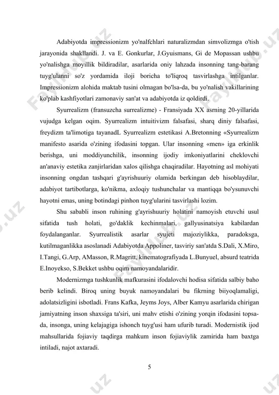 g.arp, amasson, r.magritt, kinematografiyada l.bunyuel, absurd teatrida e.inoyekso, s.bekket ushbu oqim namoyandalaridir. modernizmga tushkunlik mafkurasini ifodalovchi hodisa sifatida salbiy baho berib kelindi. biroq uning buyuk namoyandalari bu fikrning biiyoqlamaligi, adolatsizligini isbotladi. frans kafka, jeyms joys, alber kamyu asarlarida chirigan jamiyatning inson shaxsiga ta'siri, uni mahv etishi o'zining yorqin ifodasini topsa-da, insonga, uning kelajagiga ishonch tuyg'usi ham ufurib turadi. modernistik ijod mahsullarida fojiaviy taqdirga mahkum inson fojiaviylik zamirida ham baxtga intiladi, najot axtaradi. modernchi adiblarning qahramonlari ko'p hollarda favqulodda vaziyatga tushib qoladilar, ana shunday hollarda ularning qalbida ro'y berayotgan jarayonlar tnuallif diqqat markazida turadi. ularning qahramonlari odatda halol, sofdil, beozor odamlar. ruh hayoti bilan yashash, ko'ngil buyurganini qilish, soxtalik, sun'iylikni inkor qillsh, qalbidagini yashirmaslik - f.kafta, a.kamyu kabi ijodkorlar asarlarining qahramonlarida ana shu jihatlar yetakchilik qiladi. modernistlar shaklga alohida e'tibor beradilar, shartli-ramziy usullarni qo'llaydilar, inson shaxsiga kutilmagan tomondau yondashadilar. bu jihatdan, ayniqsa, avstriyalik yozuvchi f. kafka, fransuz adibi a. kamyu va …