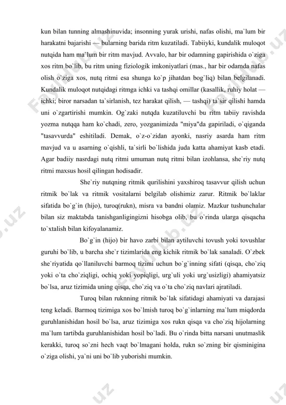 izimi uchun bo`g`inning sifati (qisqa, cho`ziq yoki o`ta cho`ziqligi, ochiq yoki yopiqligi, urg`uli yoki urg`usizligi) ahamiyatsiz bo`lsa, aruz tizimida uning qisqa, cho`ziq va o`ta cho`ziq navlari ajratiladi. turoq bilan ruknning ritmik bo`lak sifatidagi ahamiyati va darajasi teng keladi. barmoq tizimiga xos bo`lmish turoq bo`g`inlarning ma`lum miqdorda guruhlanishidan hosil bo`lsa, aruz tizimiga xos rukn qisqa va cho`ziq hijolarning ma`lum tartibda guruhlanishidan hosil bo`ladi. bu o`rinda bitta narsani unutmaslik kerakki, turoq so`zni hech vaqt bo`lmagani holda, rukn so`zning bir qisminigina o`ziga olishi, ya`ni uni bo`lib yuborishi mumkin. she`rning alohida satrga joylashtirilgan bo`lagi misra deb yuritiladi. misra bir necha turoq(rukn)ni birlashtirishi ham, birgina turoqqa, ya`ni, birgina so`zga teng bo`lishi ham mumkin. biroq uning misra deb atalishi uchun katta-kichikligining ahamiyati yo`q. misra oxirida zarb bo`lishi, o`zidan keyin sezilarli pauzaning mavjudligi bilan xarakterlanadi. shu jihatdan qaralsa, erkin she`rlardagi uchraydigan zinapoya shakliga solinib, har biri alohida satrga joylangan so`zni misra deyish to`g`ri bo`lmaydi, chunki ularda zarb …