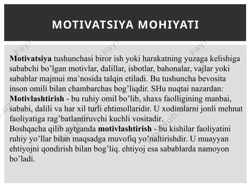 nazariyasi eng umumiy ko‘rinishda ushbu nazariya motivatsiyani ikkita birlik: vaqt va sharoitdan inson qanchalik ko‘p olishni istashi va u istayotgan natijani olishi uning uchun qanchalik muhim, xususan, u buning uchun qancha kun mehnat sarflashga tayyorligini ta’riflovchi ta’limot deb ifodalash mumkin. kutish nazariyasiga muvofiq, ishlovchilar, ularning uchta yo‘nalishdagi orzu-umidlari ruyobga chiqishiga ishonganda, eng unumdor mehnat qiladilar. adolat nazariyasi ushbu nazariyaning asosiy g‘oyasi shundan iboratki, ish jarayoni davomida inson olingan muko­fotni sarflangan xarajatlarga bo‘lgan nisbatini sub’ektiv tarzda aniqlaydi va uni xuddi shunday ish bajaruvchi boshqa odamlar mukofoti bilan taqqoslaydi. agarda inson unga, boshqalarga singari yondashilgan, uning hatti-harakatlari ham boshqalarga qo‘llanilgan nuktai-nazaridan baholangan, ya’ni xech qanday diskriminatsiya bo‘lmagan deb hisoblasa, u o‘ziga nisbatan adolatni sezadi va o‘zini qoniktirilgan deb xis qiladi. agarda tenglik bo‘zilib, korxona yoki tashkilotning ayrim ishlovchilari nohaq yuqori baho va mukofot olsalar, boshqalar o‘zini xafa seza­di, bu esa ularni ranjishiga va konikmasligiga olib keladi. bunday taqqoslash asosida, ishlovchi, o‘zining taqqoslama …