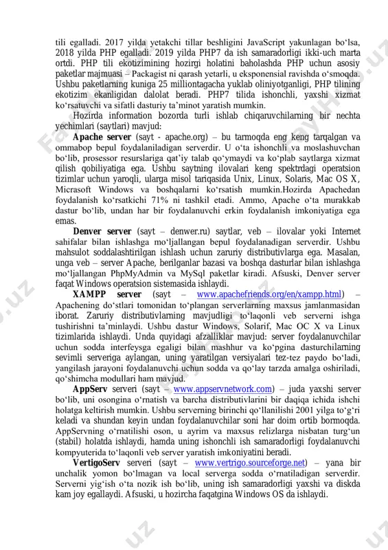 qo‘llab-quvvatlashni tadbiq etish ko‘zda tutilgan edi va bu istiqbolsiz deb topildi. php7.0 ning joriy versiyasi 2015 yilda chiqarildi va yadroning oxirgi versiyasi zend engine 3 ga asoslangan bo‘lib, u yuqori ish unumdorligini ta’minladi. php tilining oxirgi versiyalarining samaradorligi php5 va php6 larga nisbatan qariyib 2 marta ortdi, hozirda php7 tili jadal rivojlanish va yaxshilanish bosqichini o‘tayapti. bundan tashqari, tilda juda yirik hamkorlik va sifatli rasmiy hujjatlar mavjud bo‘lib, ular juda ko‘p tillarga tarjima qilingan, jumladan rus tiliga ham. tilni yaratuvchilar ixtiyorida composir paketlar menedjiri va repazitoriy paskagist paketlari to‘plami mavjud bo‘lib, ular 120 dan ortiq paketlarni o‘z ichiga oladi. 2018 yil noyabrda ushbu repozitoriydan 502 millionta paketlar o‘rnatmasi ishlab chiqilgan. хоzirgi kundа php tilidan yuz minglаb dаsturchilаr fоydаlаnаdi, u 20 milliоndan ortiqroq veb sаytlаr va 1 milliondan ortiq veb serverlarga o‘rnatilgan. php tilini qulay va funktsional til deb atab bo‘lmaydi, uni dasturchilarning sevimli tili toifasiga ham kiritib bo‘lmaydi, ammo, php …