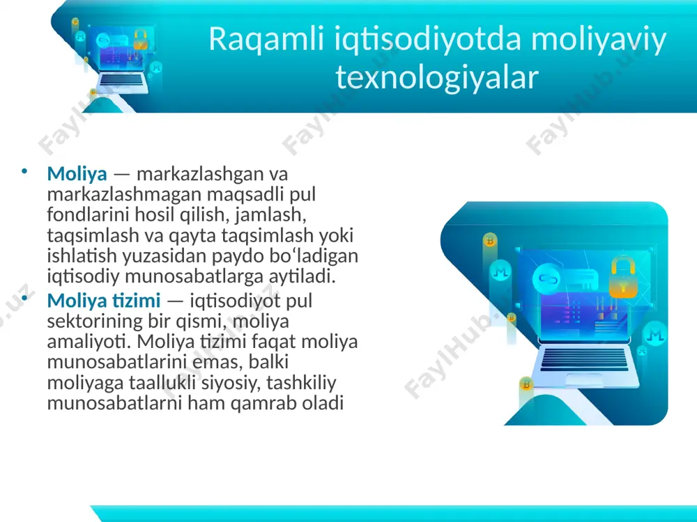 ga oshiriladigan tizim bo‘lib, bunda mijozning kompyuteriga maxsus dastur o‘rnatiladi. ushbu dastur kompyuterda barcha mijoz ma’lumotlarni saqlaydi (asosan to‘lov hujjatlar va hisobvaraqlardan ko‘chirmalar). bank va mijozning kompyuteri o‘rtasida modem orqali to‘g‘ridan-to‘g‘ri aloqa amalga oshiriladi. internet-banking – bu mijozlarning depozit hisobvaraqlarini, jumladan plastic kartalarga ochilgan hisobvaraqlarini, internet orqali boshqarish huquqini beruvchi tizimdir. buxizmat turi mijozning masofadan bank bilan bog‘langan holda real vaqt davomida to‘lovlarni o‘tkazish uchun mo‘ljallangan tizimdir. bank – moliya tizimida raqamli texnologiyalar internet-banking xizmati orqali mijoz o‘z ish joyida yoki boshqa o‘ziga qulay sharoitda: to‘lovlarni o‘tkazish; to‘lov o‘tishi bosqichlarini kuzatish; barcha hisobotlarni olish kabi amaliyotlaridan istalgan vaqtda foydalanish imkoniyatini yaratadi. mobil banking – tizimi internet-banking texnologiyasi asosida yaratiladi. sms-banking – bu bank mijozlarga ularning depozit hisobvaraqlaridagi hamda plastik kartalarga ochilgan hisobvaraqlaridagi operatsiyalar haqida sms ko‘rinishdagi ma’lumotlarni olish tizimidir. hisob varag‘idan ma’lumot olish uchun mijoz bankning maxsus telefon raqamiga belgilangan sms-so‘rovni yuborish kerak raqamli iqtisodiyotda moliyaviy texnologiyalar mijoz uchun sms-banking …