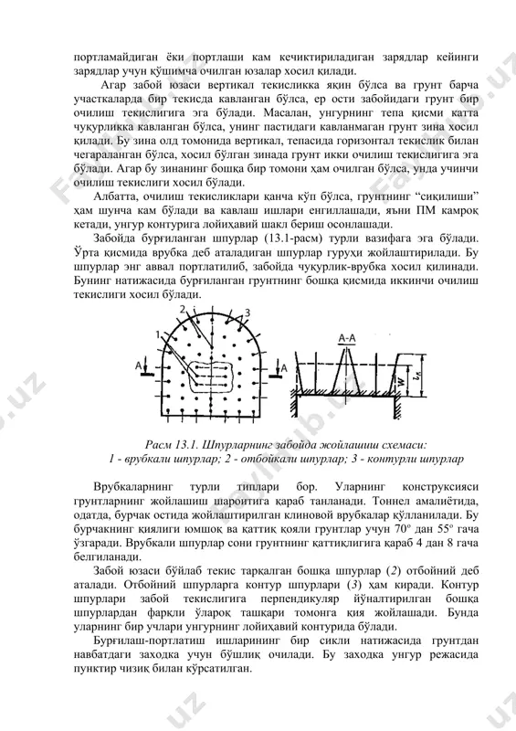 наторига ўт ўтказувчи шнур орқали узатилади. портлатишнинг электрик усули кенг тарқалгандир, чунки бунда портлатилаётган шпурларнинг сони чекланмайди ва портлатувчи-ишчининг хавфсизлиги тўла таъминланади. електродетонаторларнинг оний ва кечиктириб портлатадиган турлари мавжуддир. пм ни кечиктириб портлатишга қизиш сими ва пм заряди орасига ўтни маълум бир вақтдан кейин узатадиган капсуладаги порохли устунни жойлаштириш орқали эришилади. кечиктириб портлатадиган электродетонаторлар портлашни секунднинг ўндан бир қисмларидан бир неча секундгача кечиктиради. шпурлар гуруҳларининг кетма-кет портлаши катта самара беради ва айни пайтда тоғ массивига сейсмиканинг таъсири камроқ бўлади. кечиктириб портламайдиган ёки портлаши кам кечиктириладиган зарядлар кейинги зарядлар учун қўшимча очилган юзалар хосил қилади. агар забой юзаси вертикал текисликка яқин бўлса ва грунт барча участкаларда бир текисда кавланган бўлса, ер ости забойидаги грунт бир очилиш текислигига эга бўлади. масалан, унгурнинг тепа қисми катта чуқурликка кавланган бўлса, унинг пастидаги кавланмаган грунт зина хосил қилади. бу зина олд томонида вертикал, тепасида горизонтал текислик билан чегараланган бўлса, хосил бўлган зинада грунт икки очилиш …